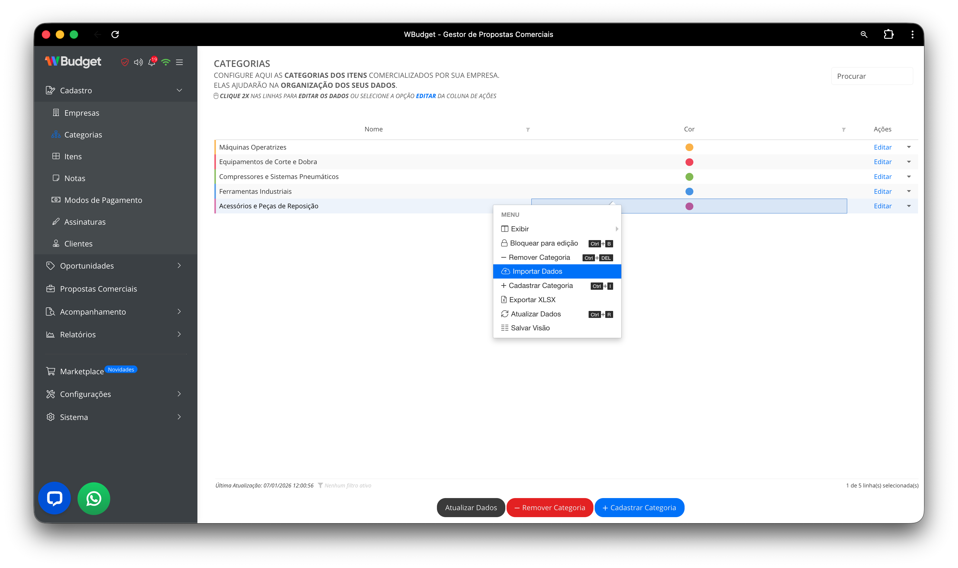 Menu contextual da tabela de categorias