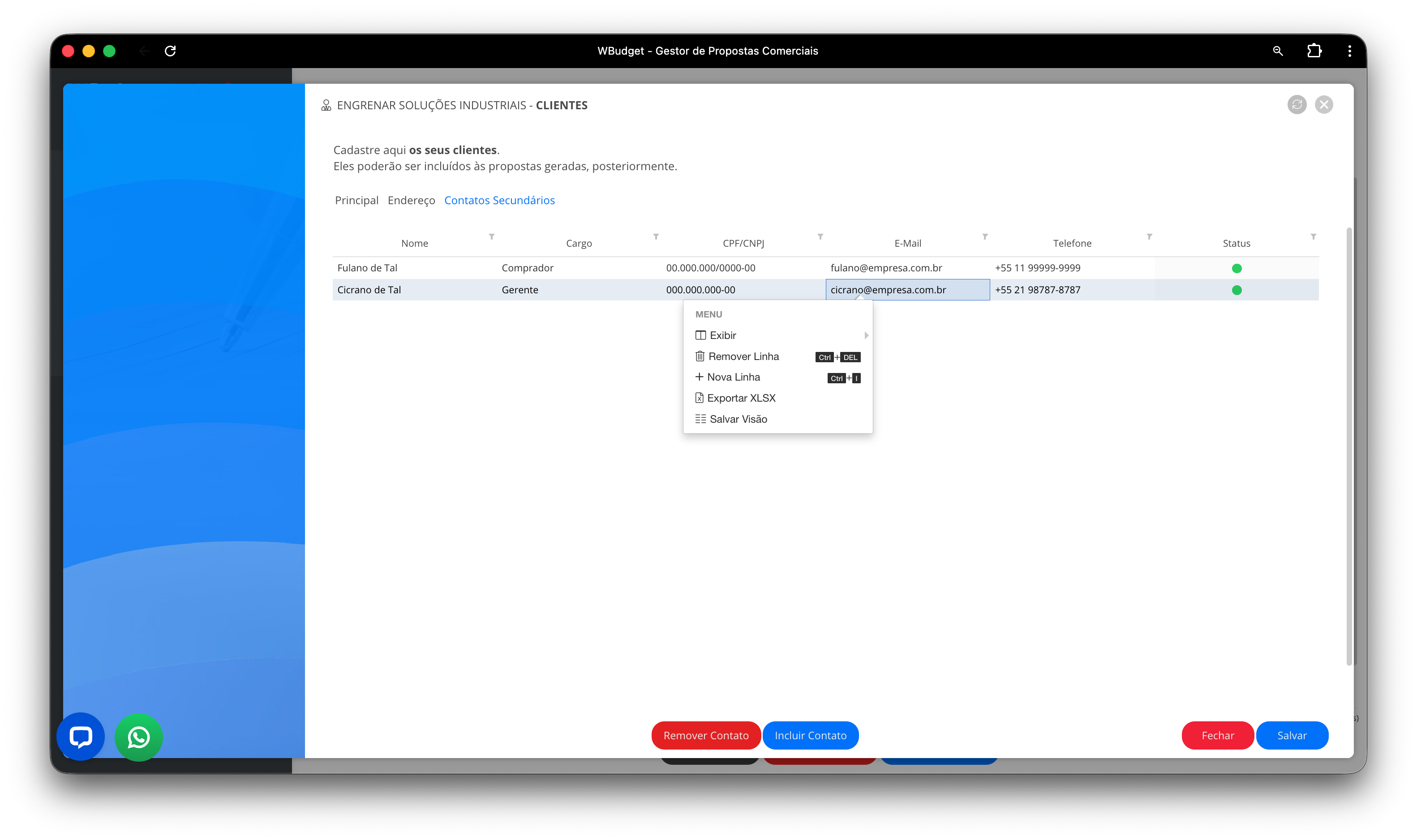Cadastro de contatos secundários