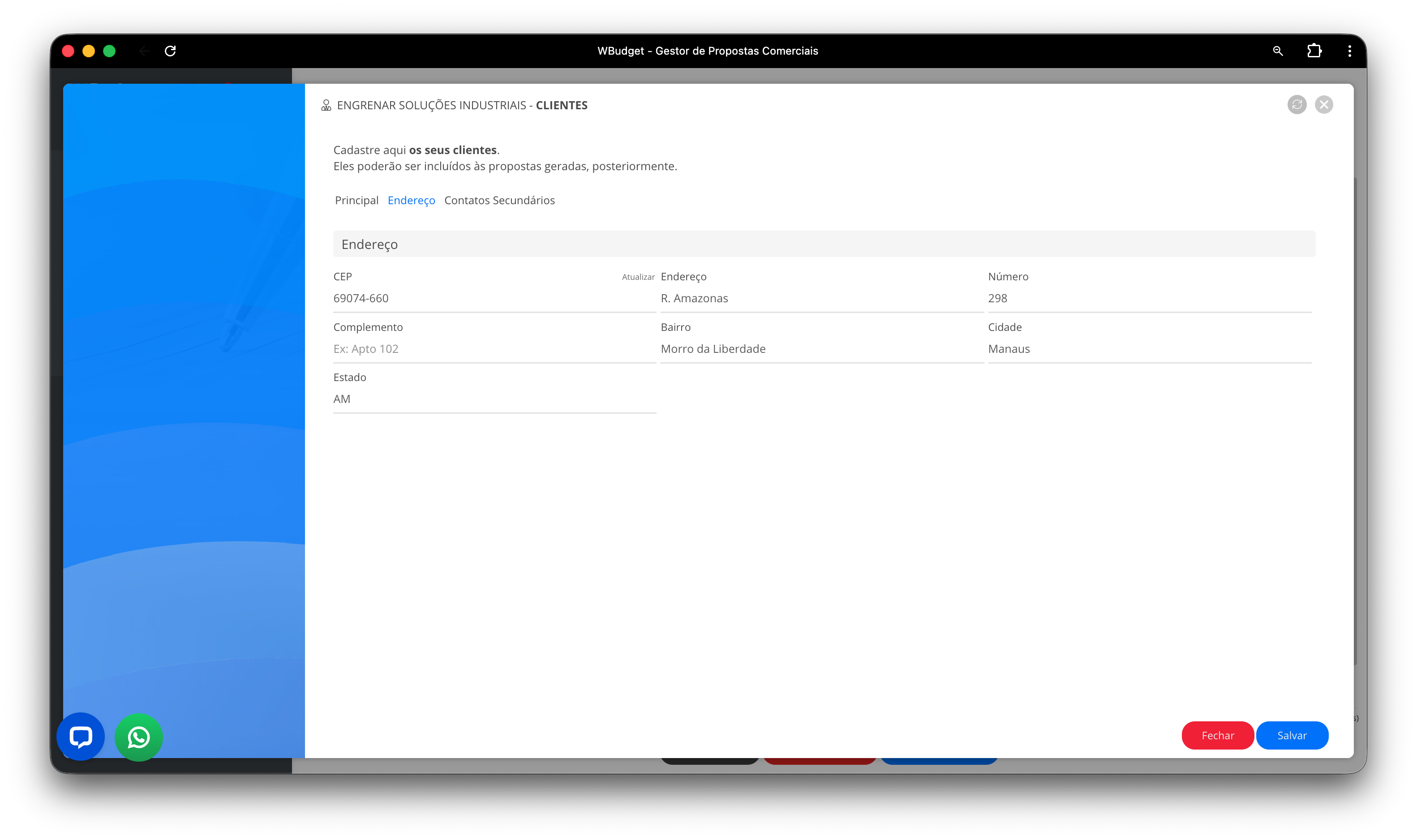 Cadastro de endereço do cliente