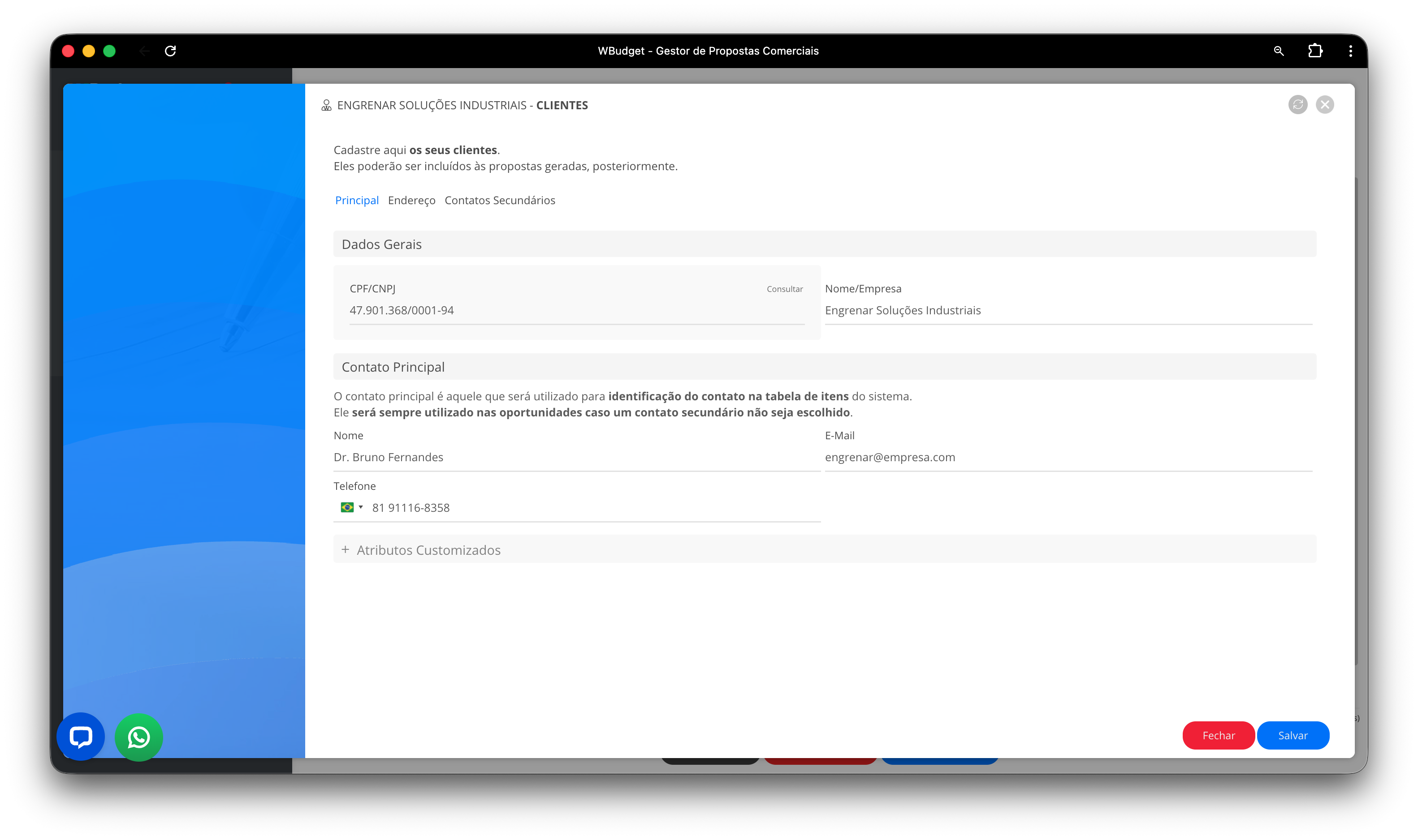 Tela de cadastro e edição de cliente – Aba Principal