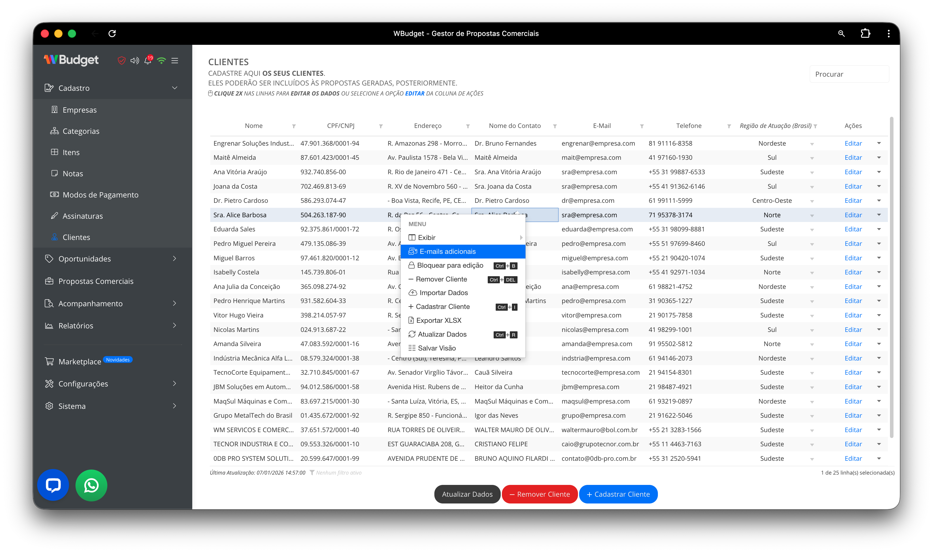 Menu contextual da tabela de clientes