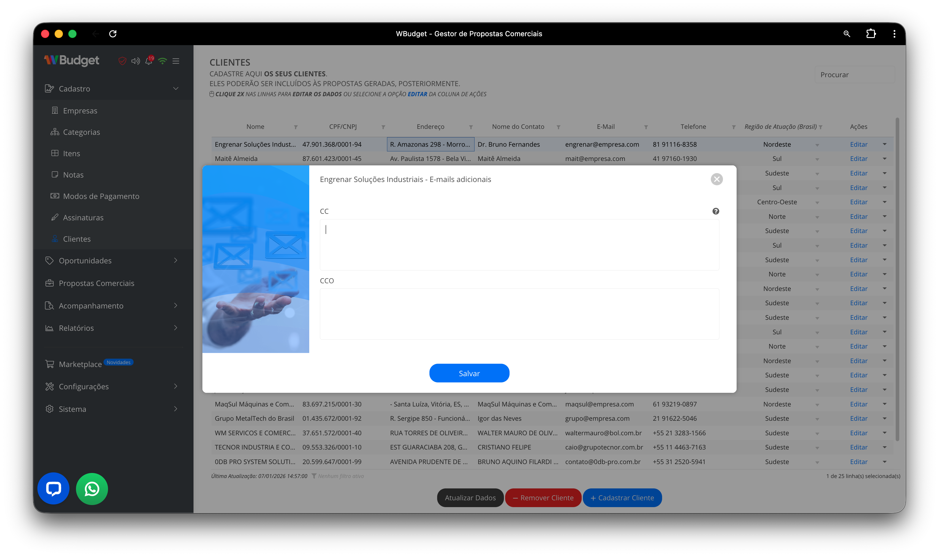 E-mails adicionais do cliente