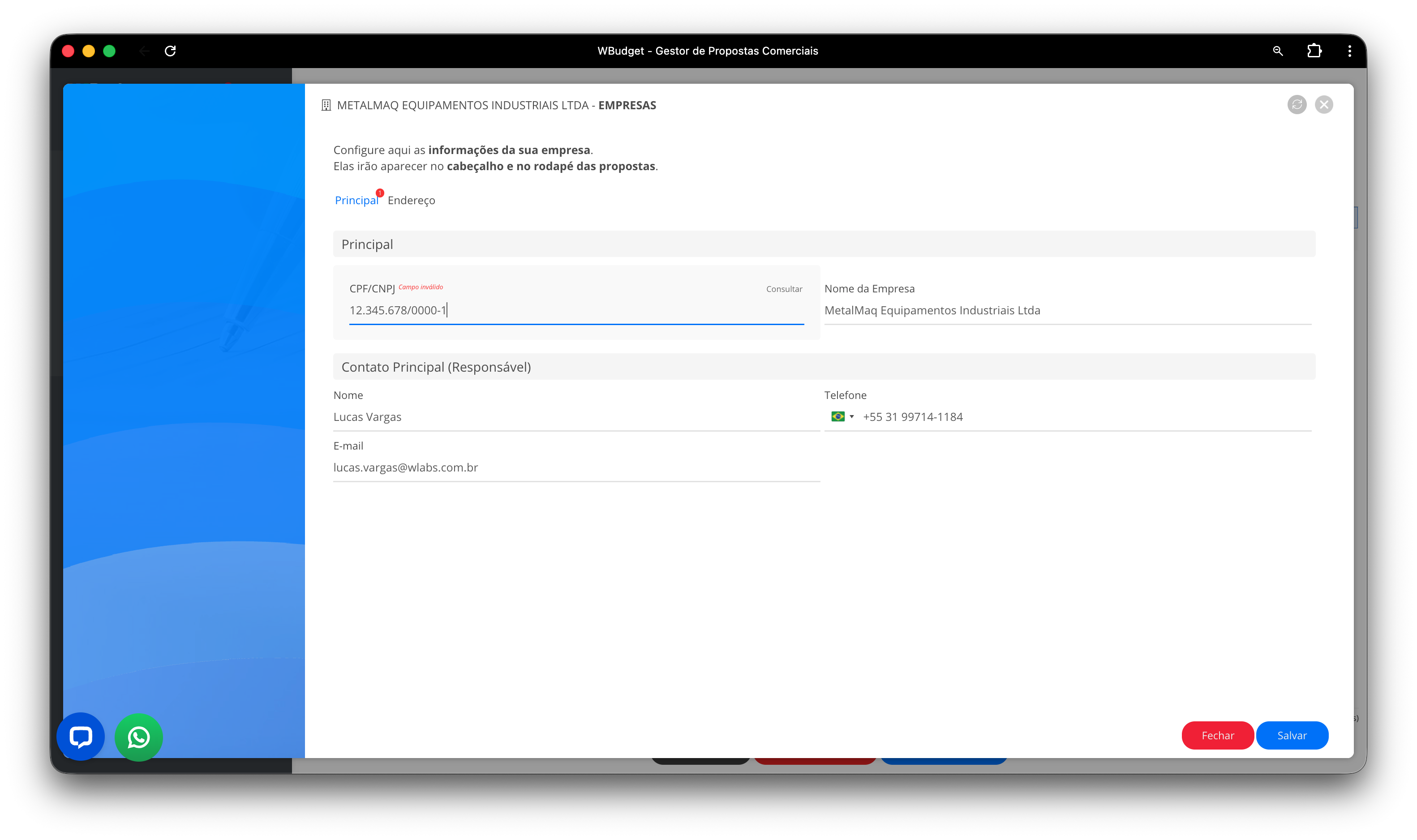 Tela de cadastro e edição da empresa