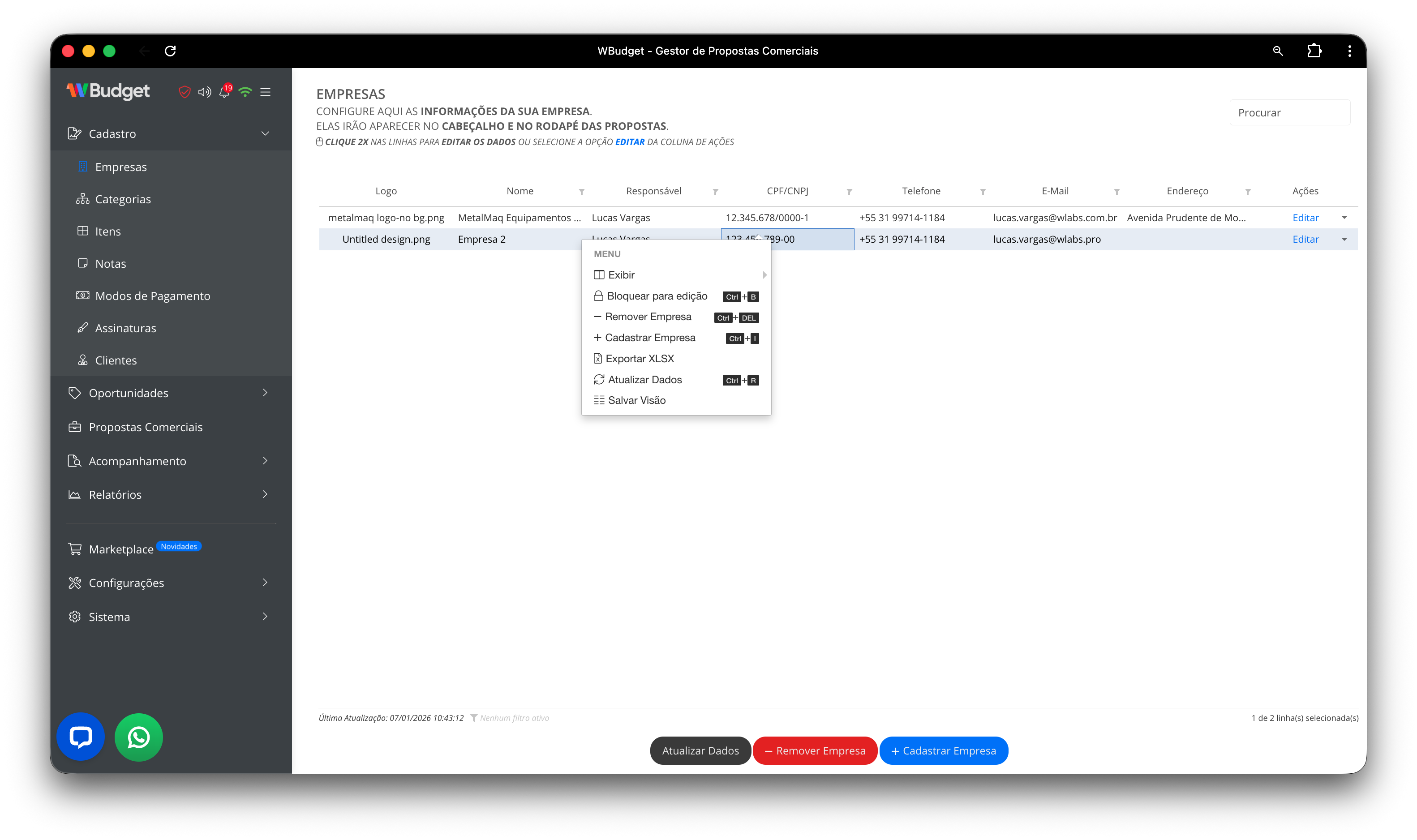 Menu contextual da tabela de empresas