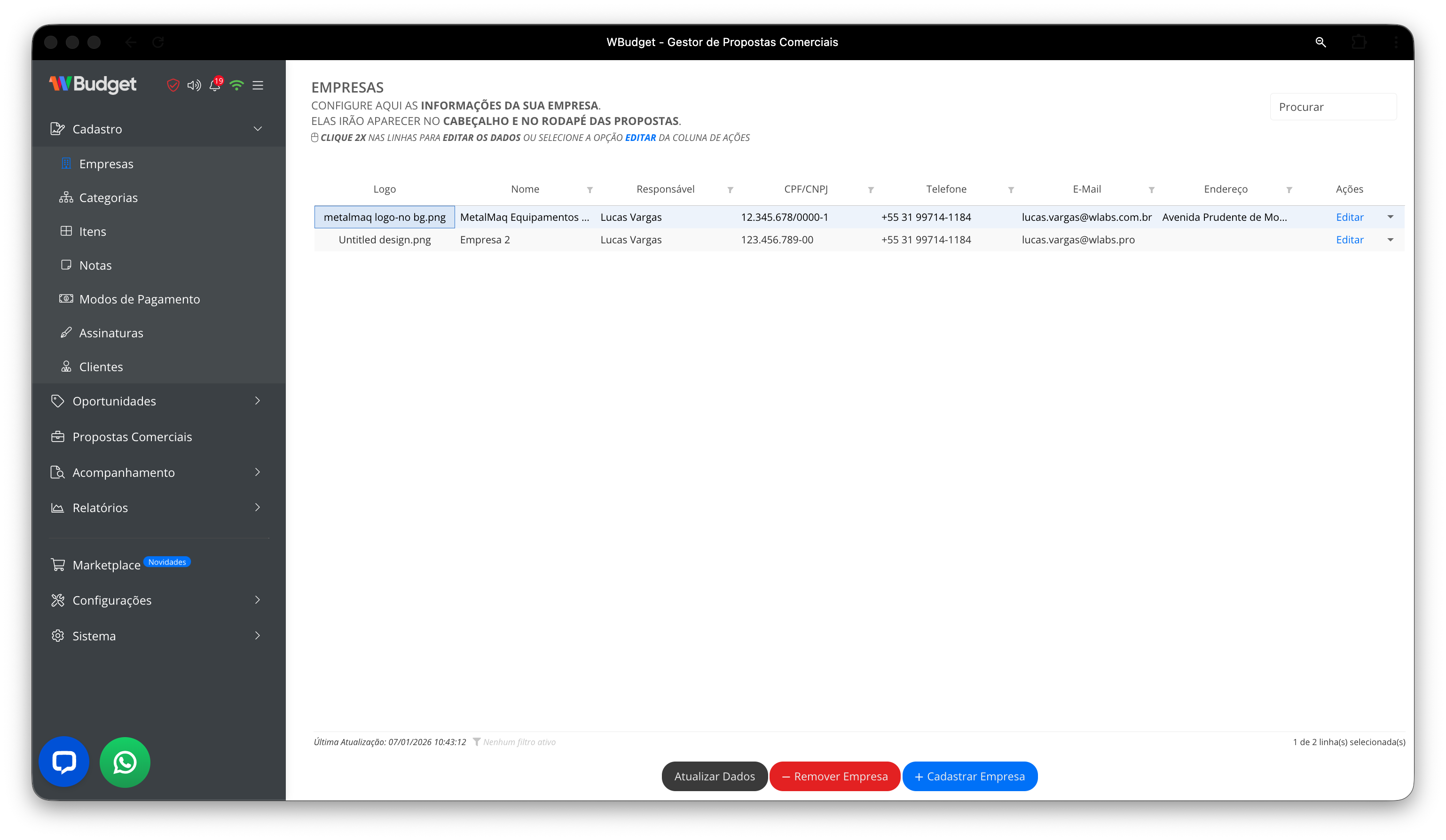 Visão geral da tabela de empresas