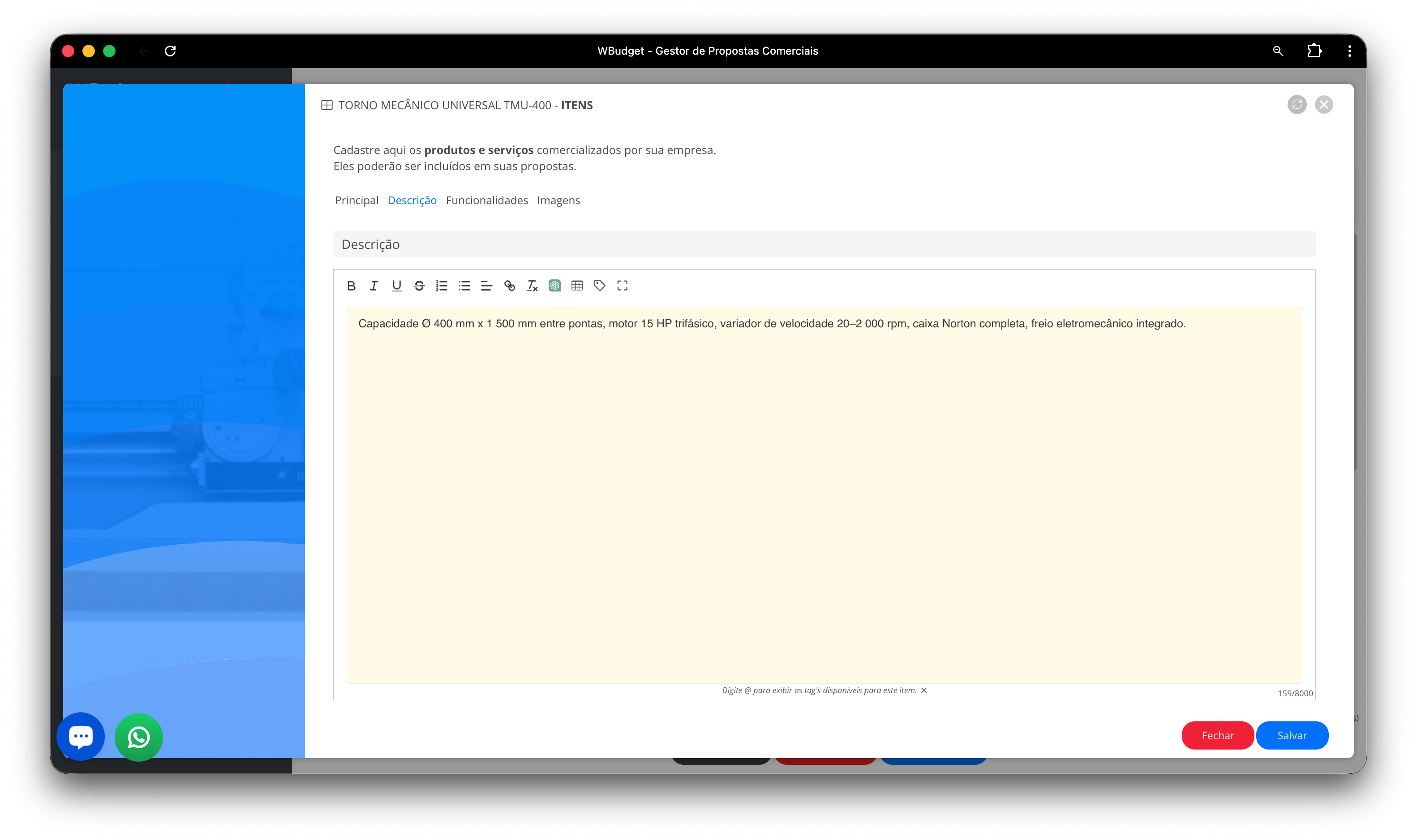Aba Descrição do item