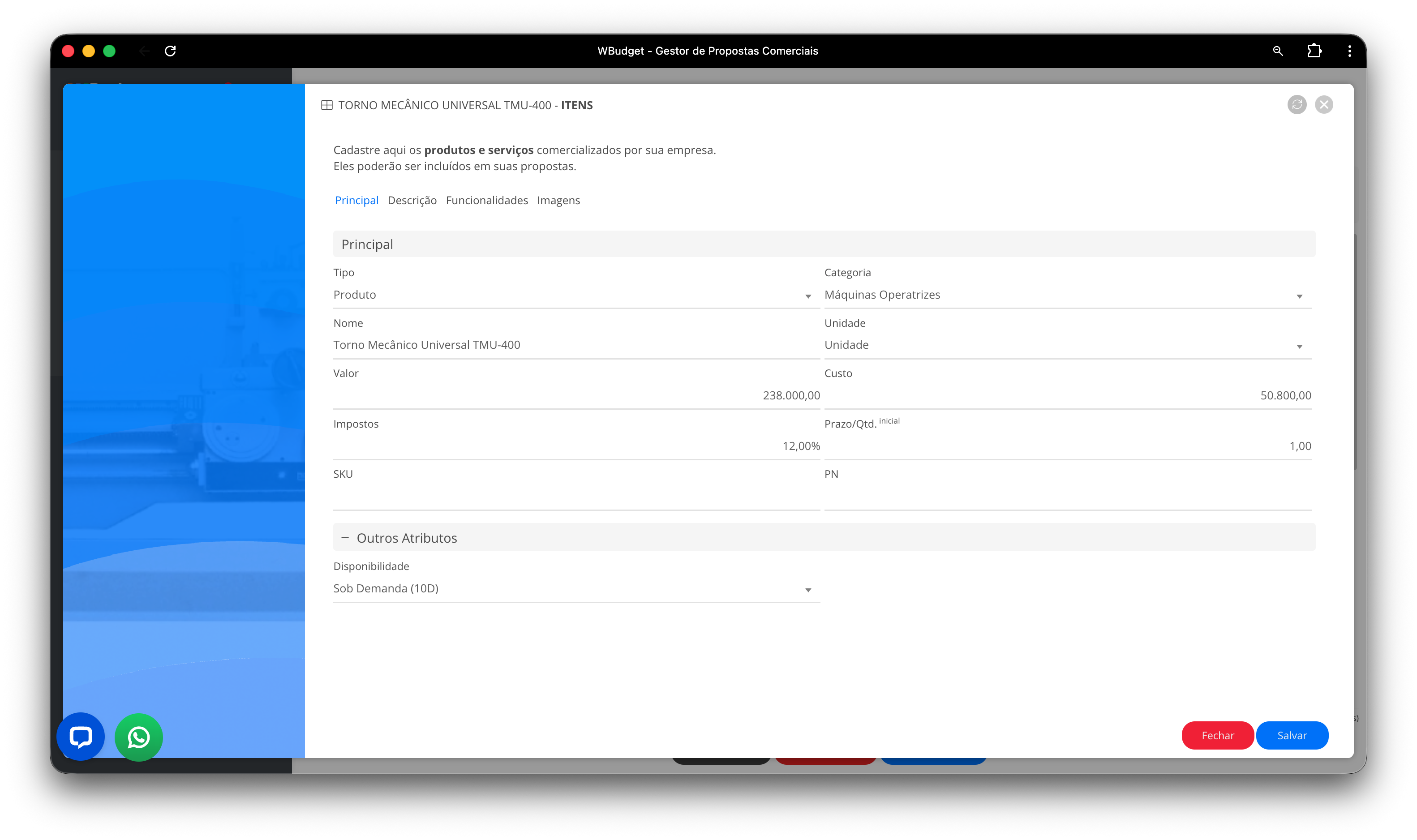 Tela de cadastro e edição de item – Aba Principal