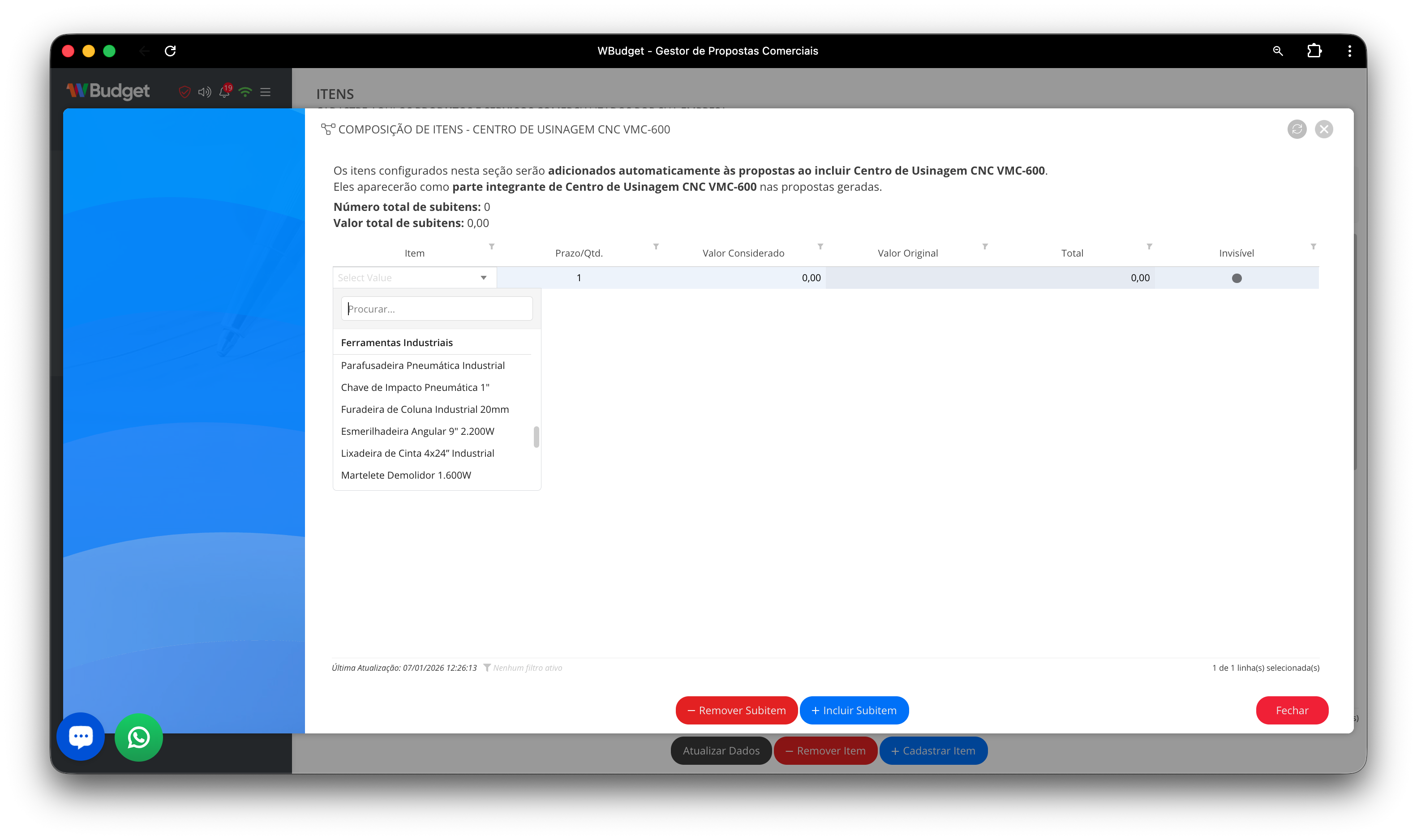 Configuração de subitens