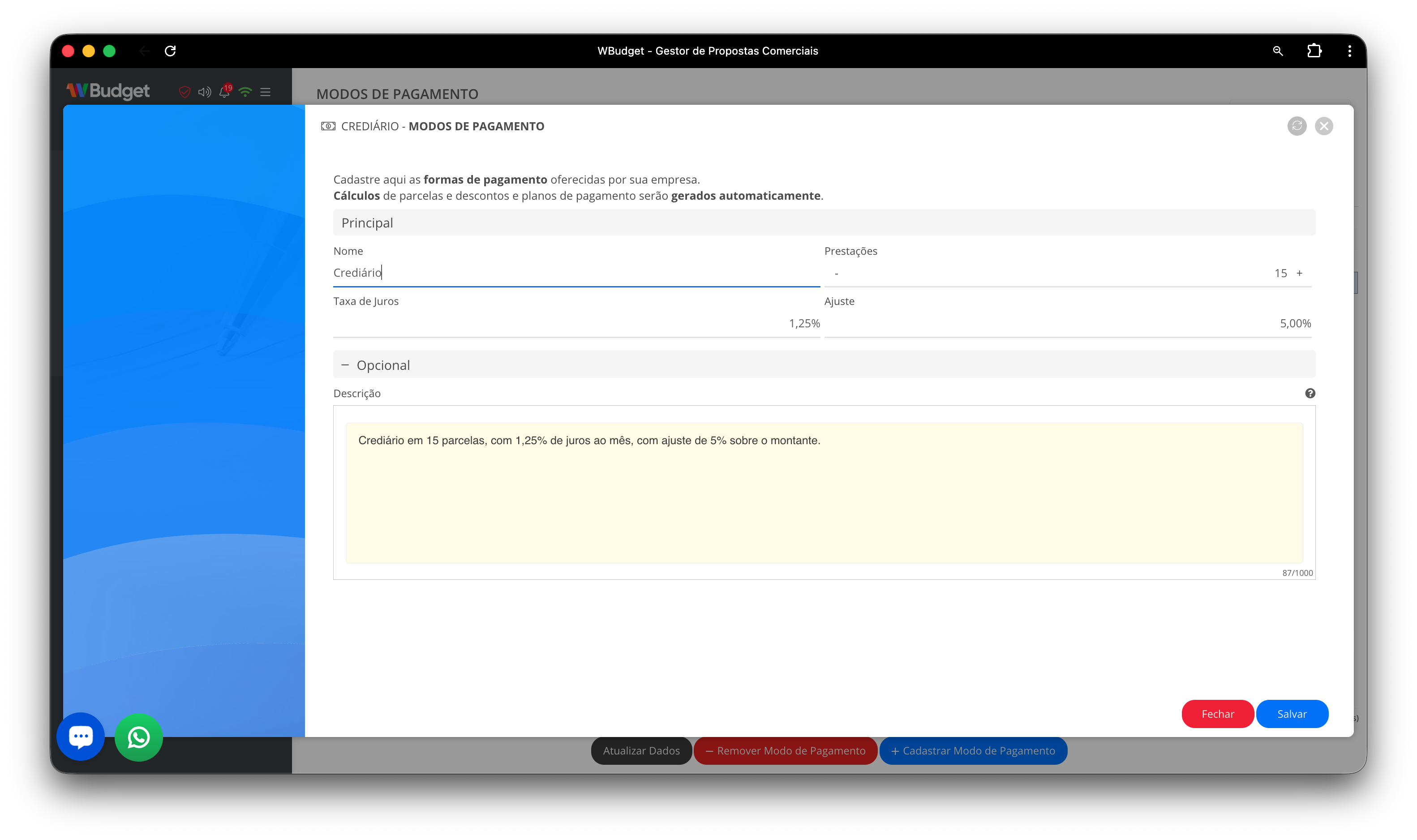 Tela de cadastro e edição do modo de pagamento