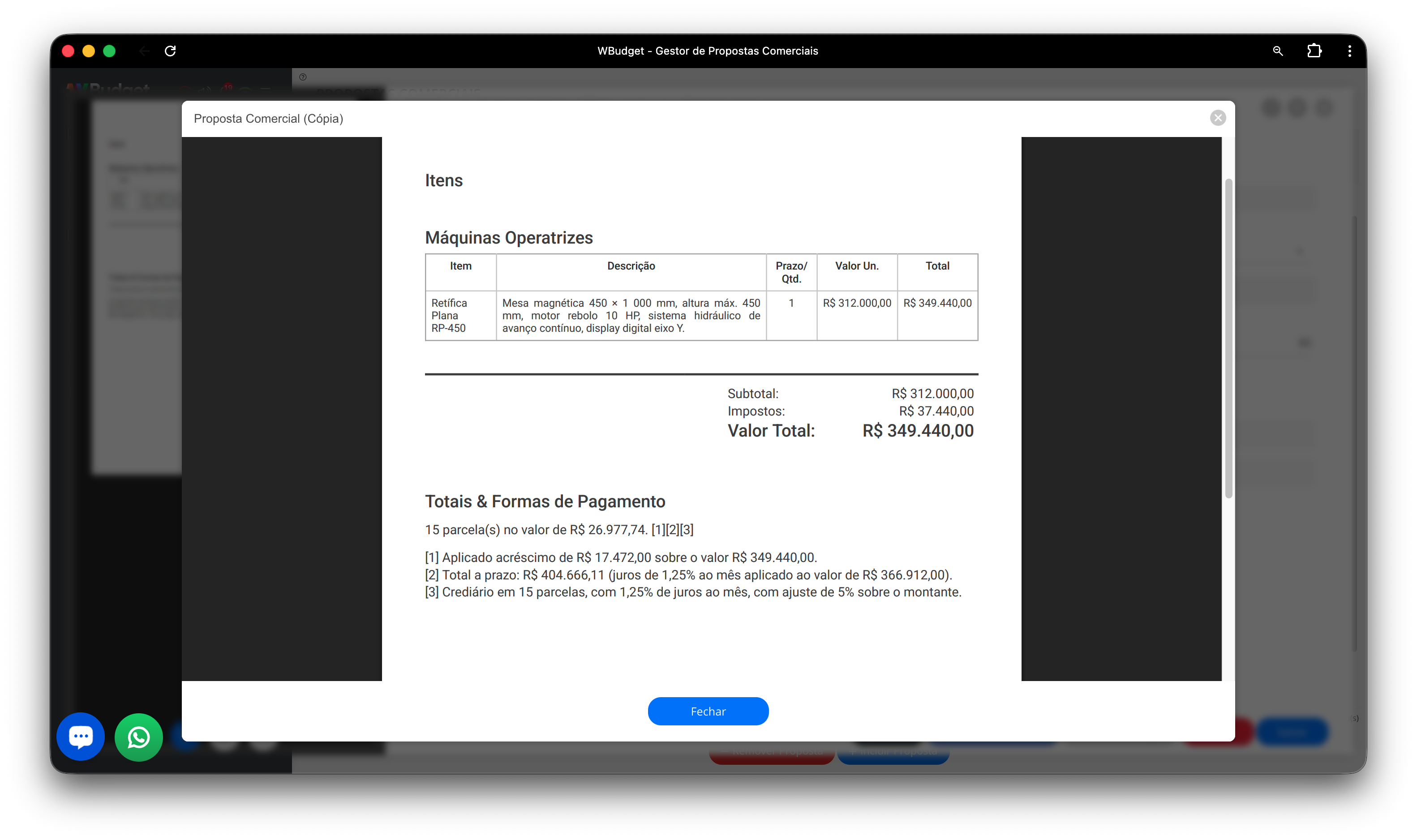 Exemplo de exibição do modo de pagamento na proposta