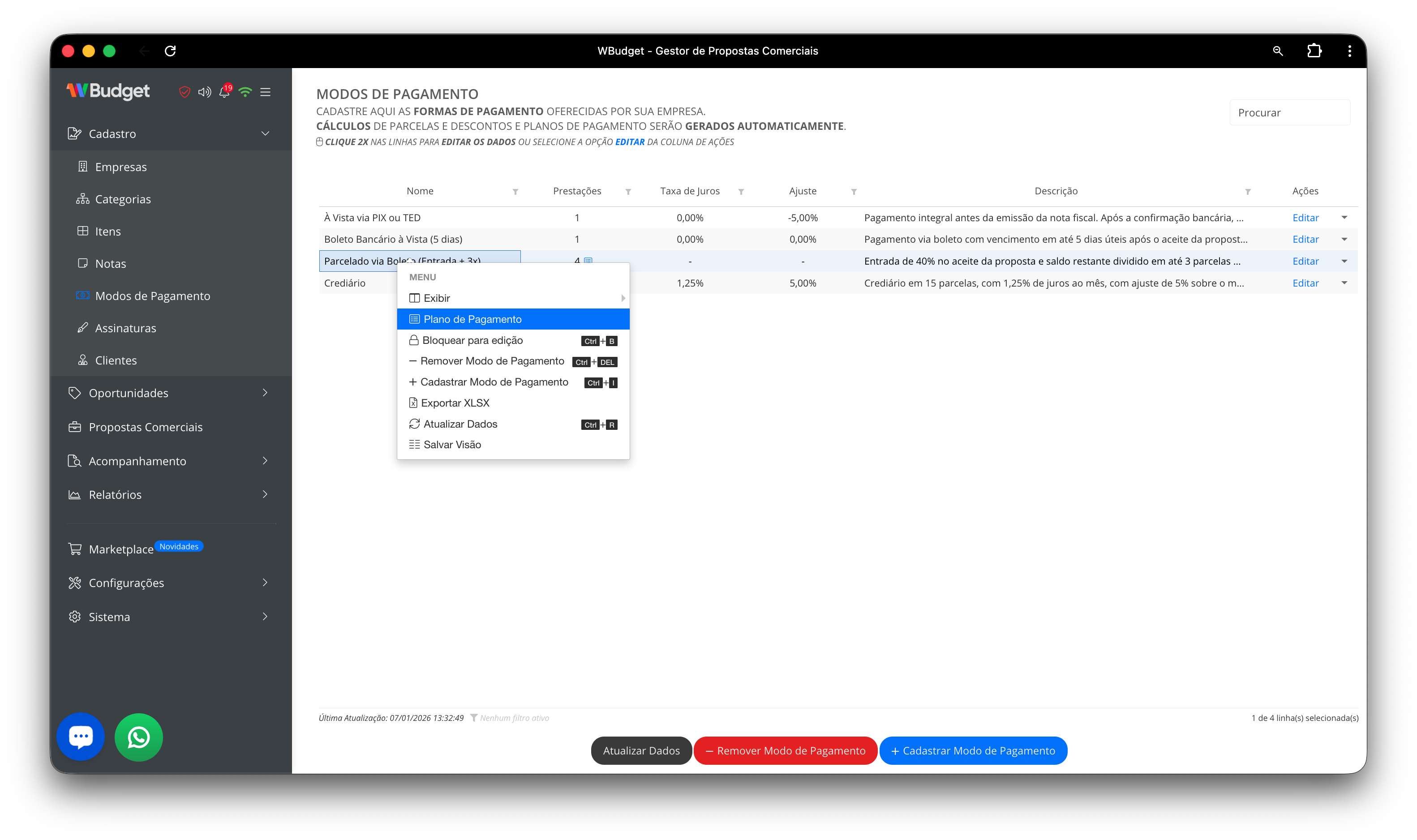 Menu contextual com opção Plano de Pagamento