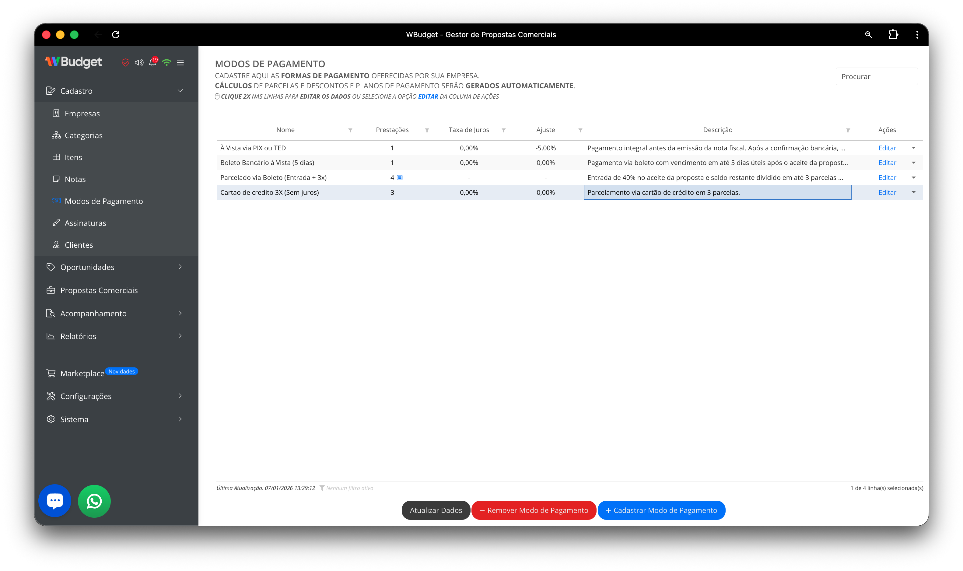 Visão geral da tabela de modos de pagamento