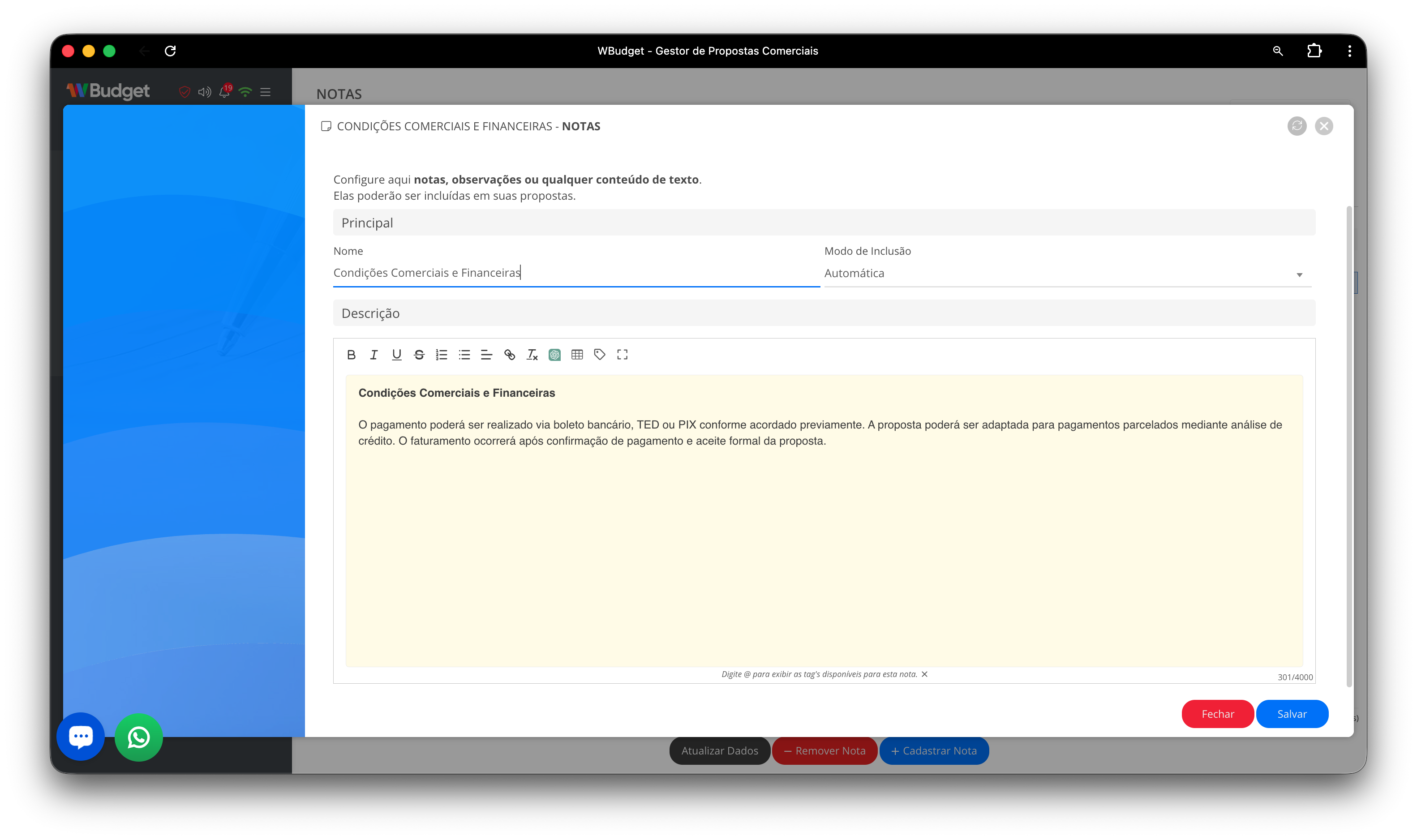 Tela de cadastro e edição de nota