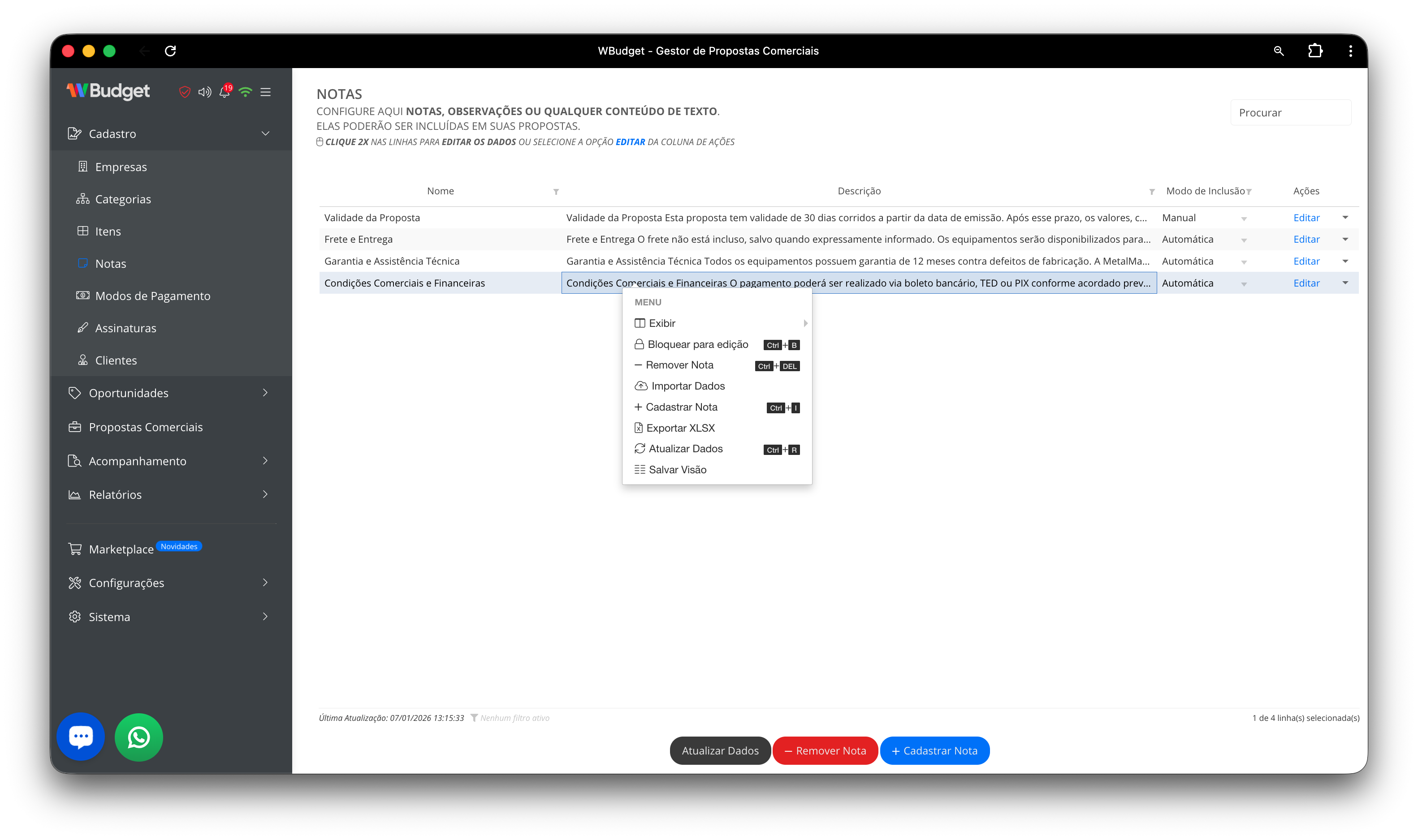 Menu contextual da tabela de notas