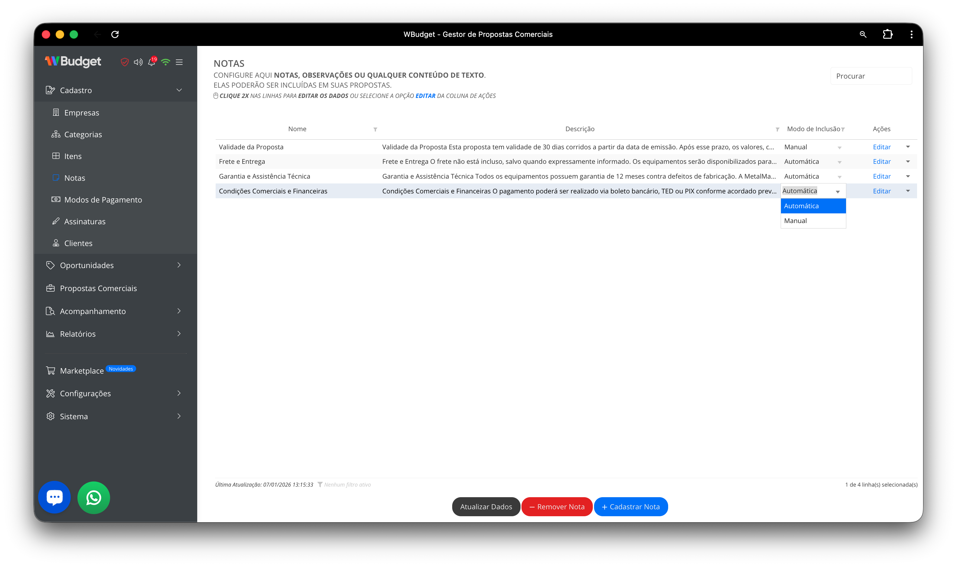 Visão geral da tabela de notas