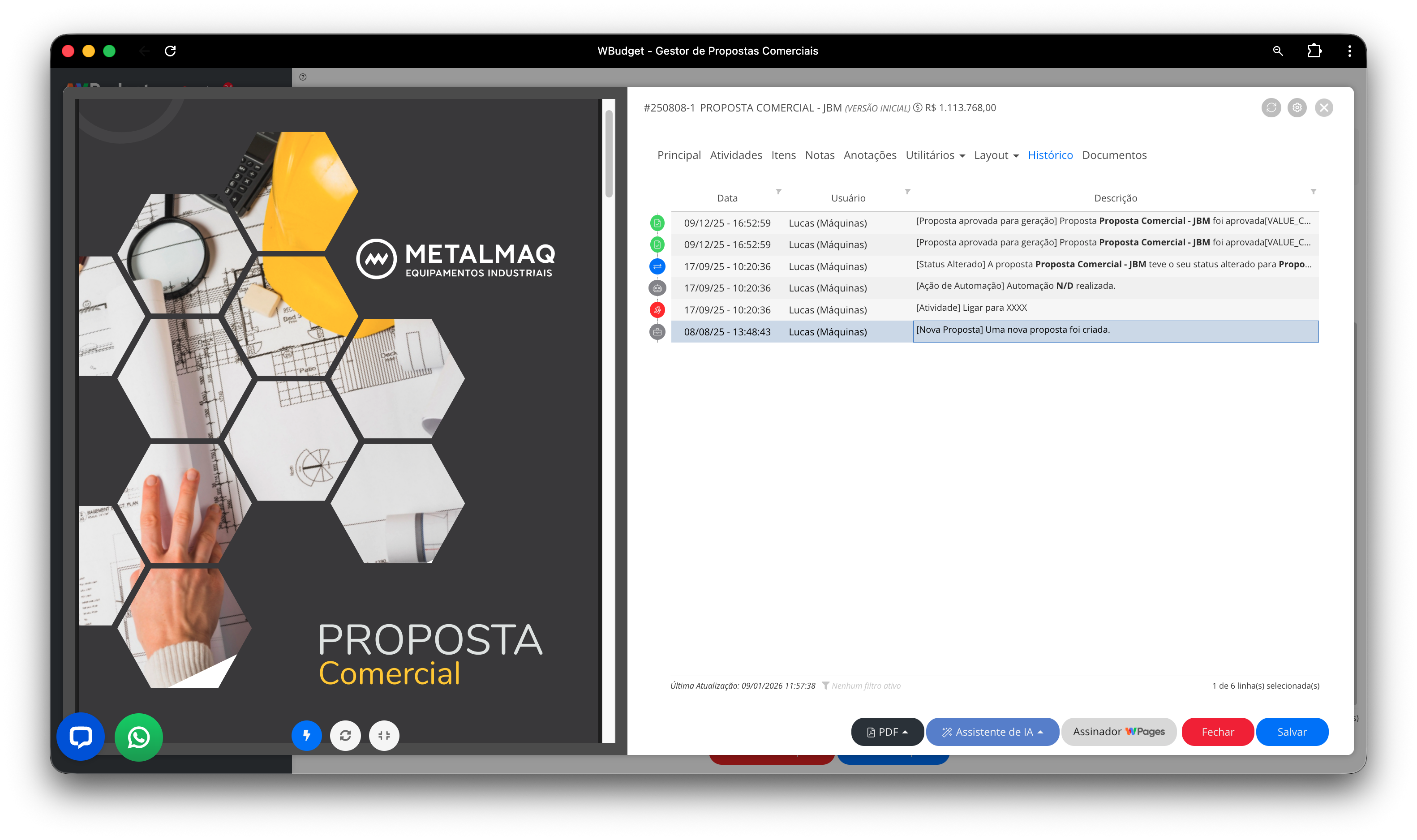 Aba Histórico do Editor de Propostas