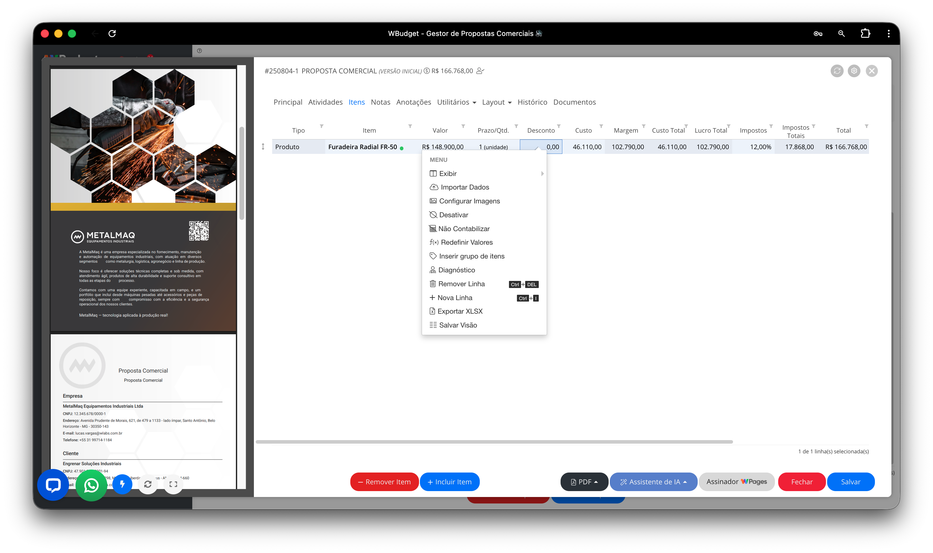 Aba Itens do Editor de Propostas