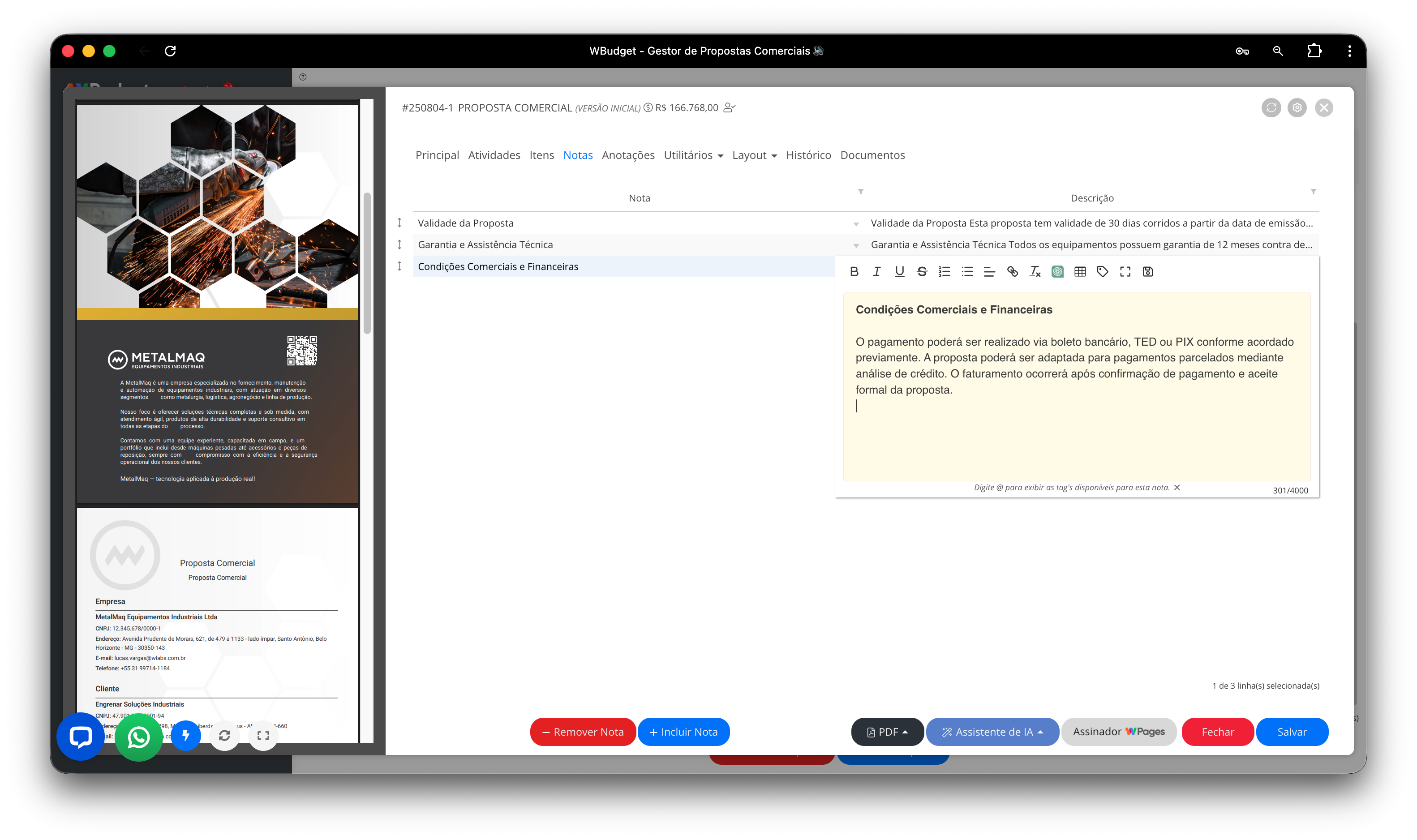 Aba Notas do Editor de Propostas