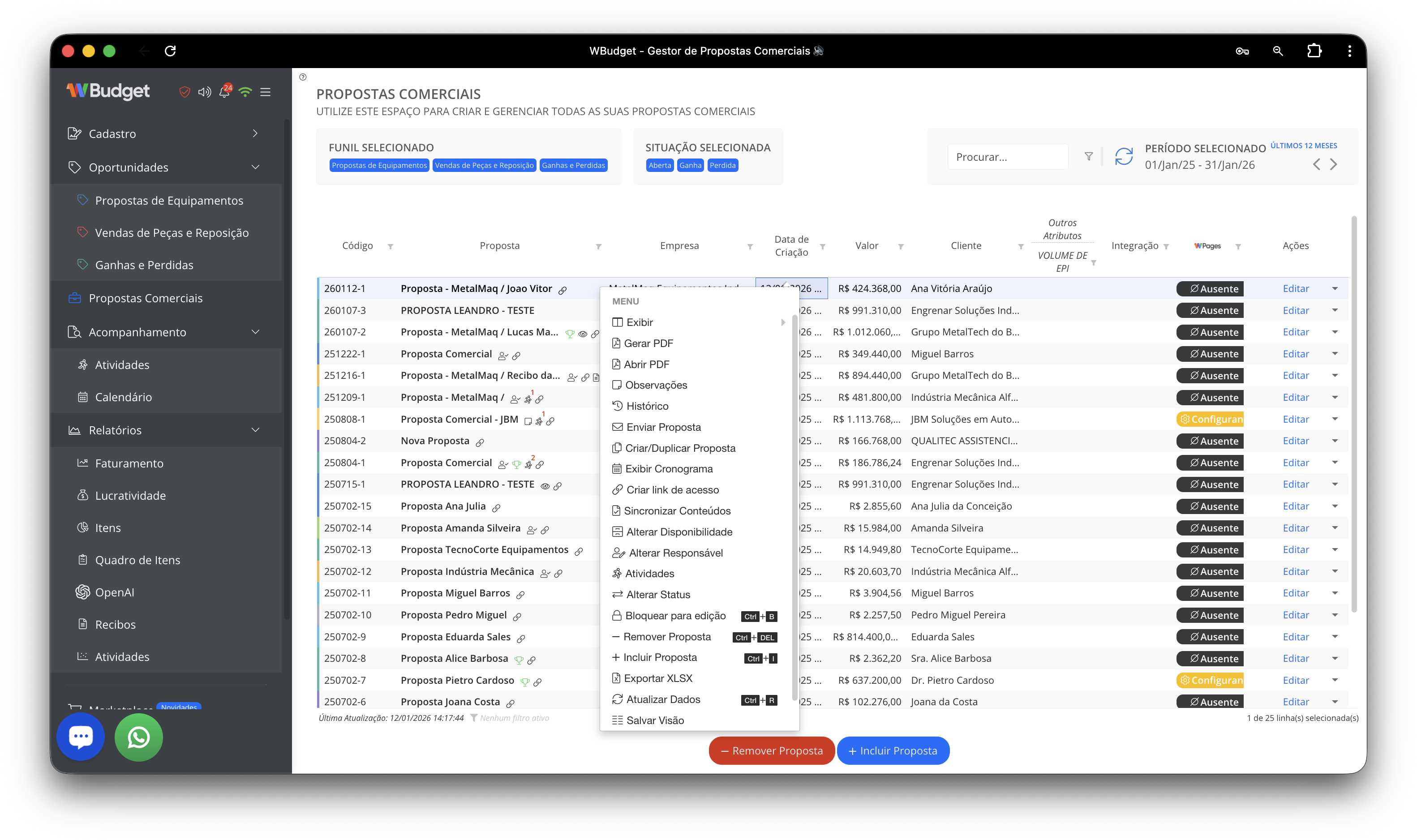 Menu de contexto da proposta