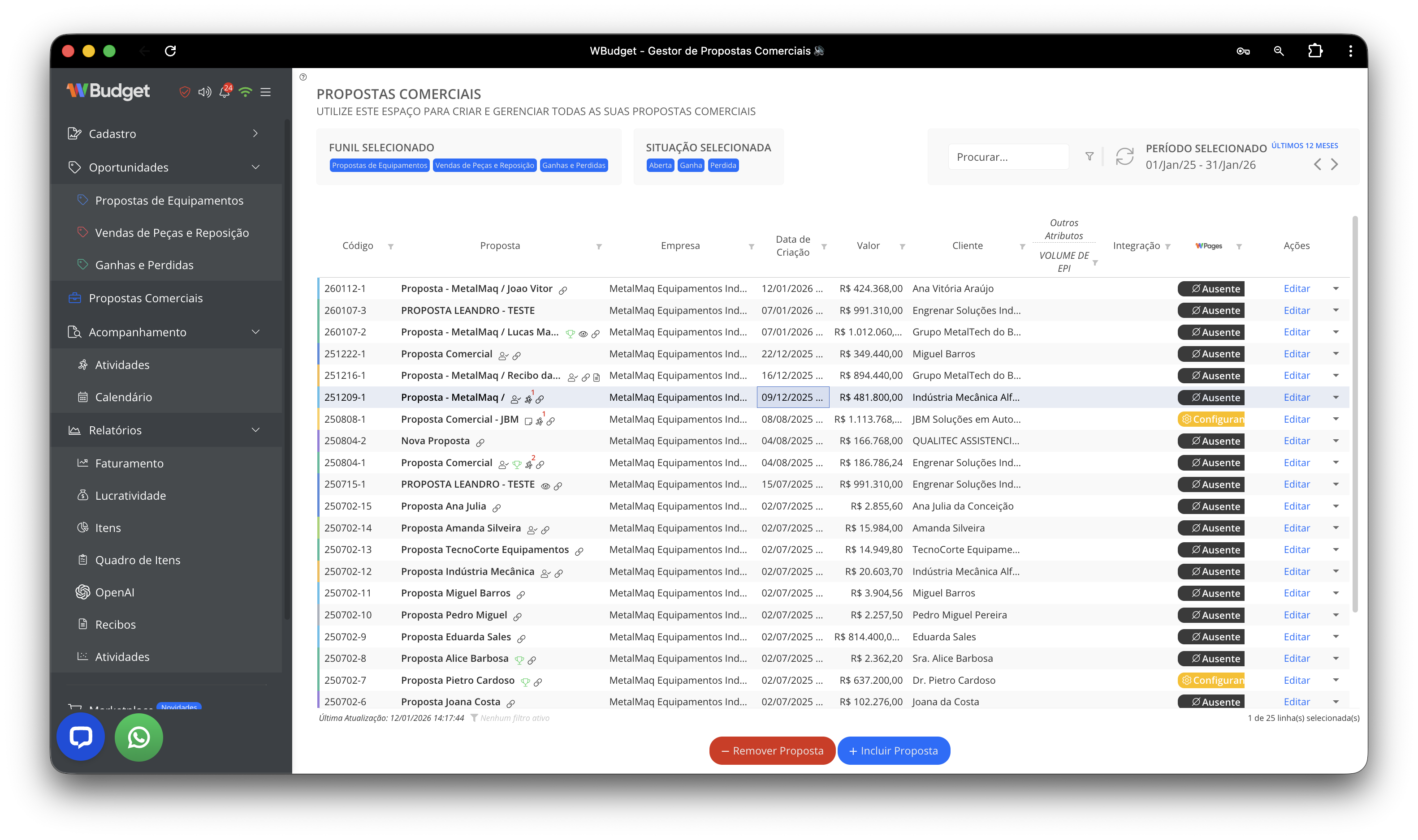 Tabela de Propostas Comerciais