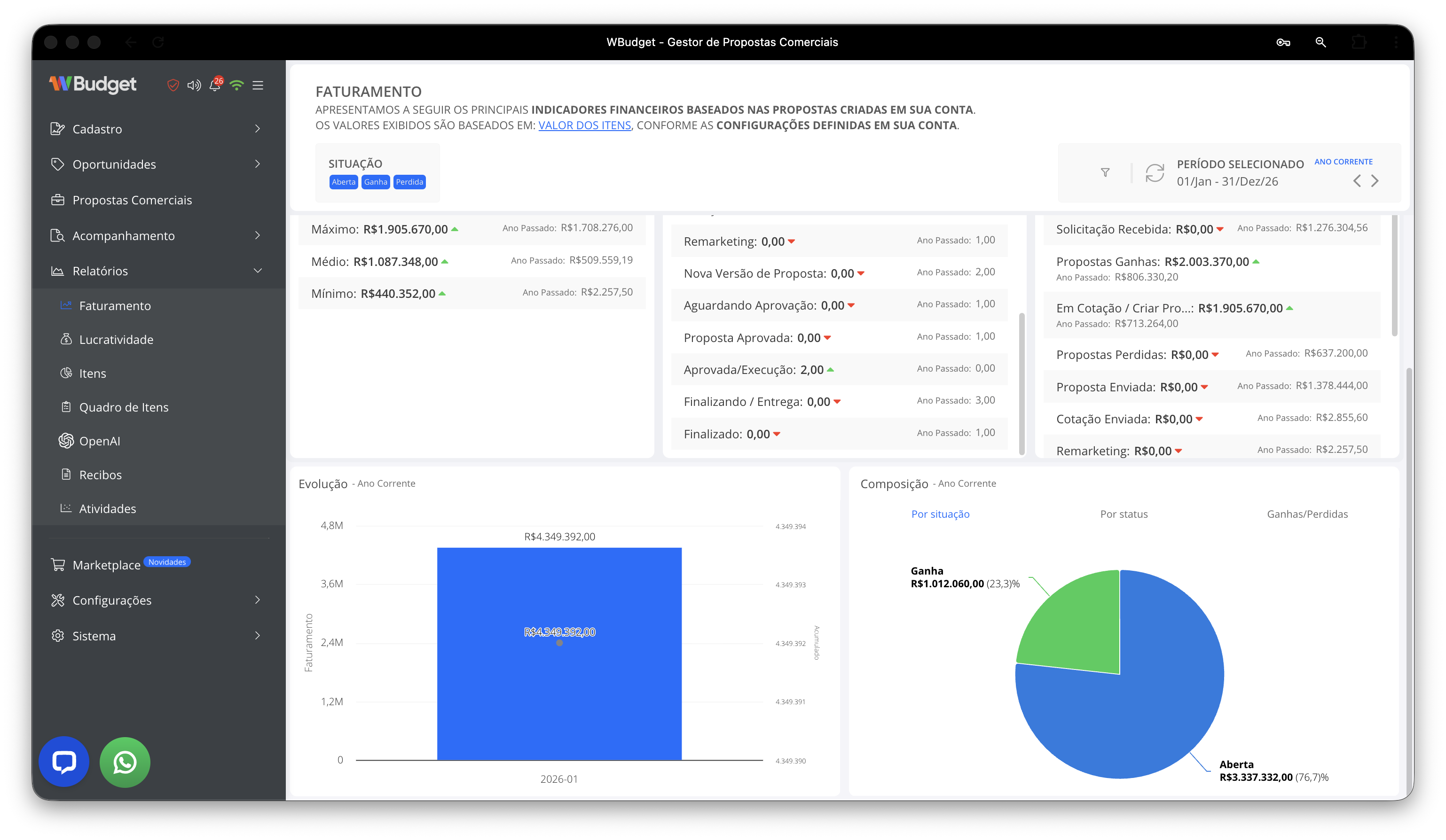 Filtro de período do faturamento