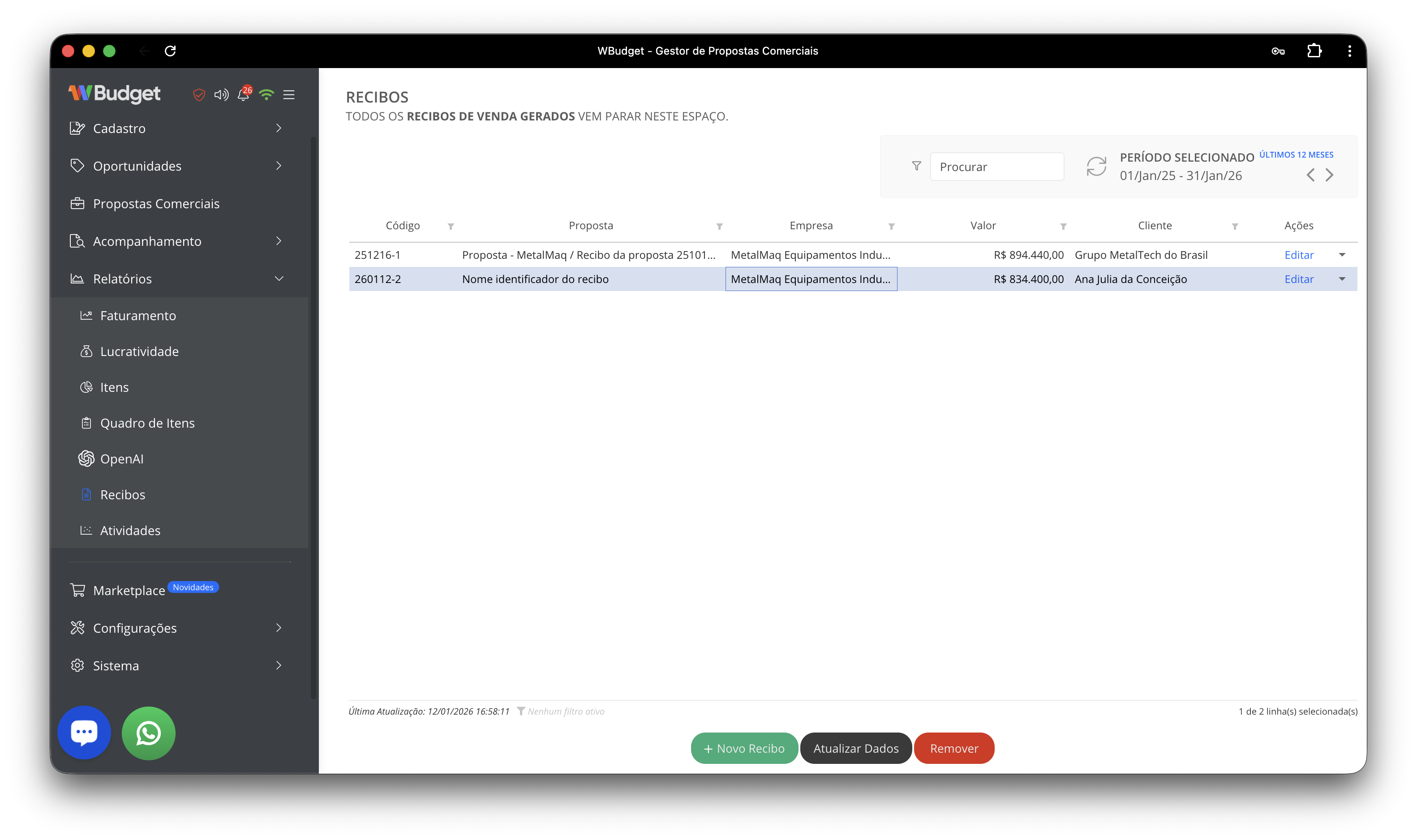 Relatório de recibos – visão geral