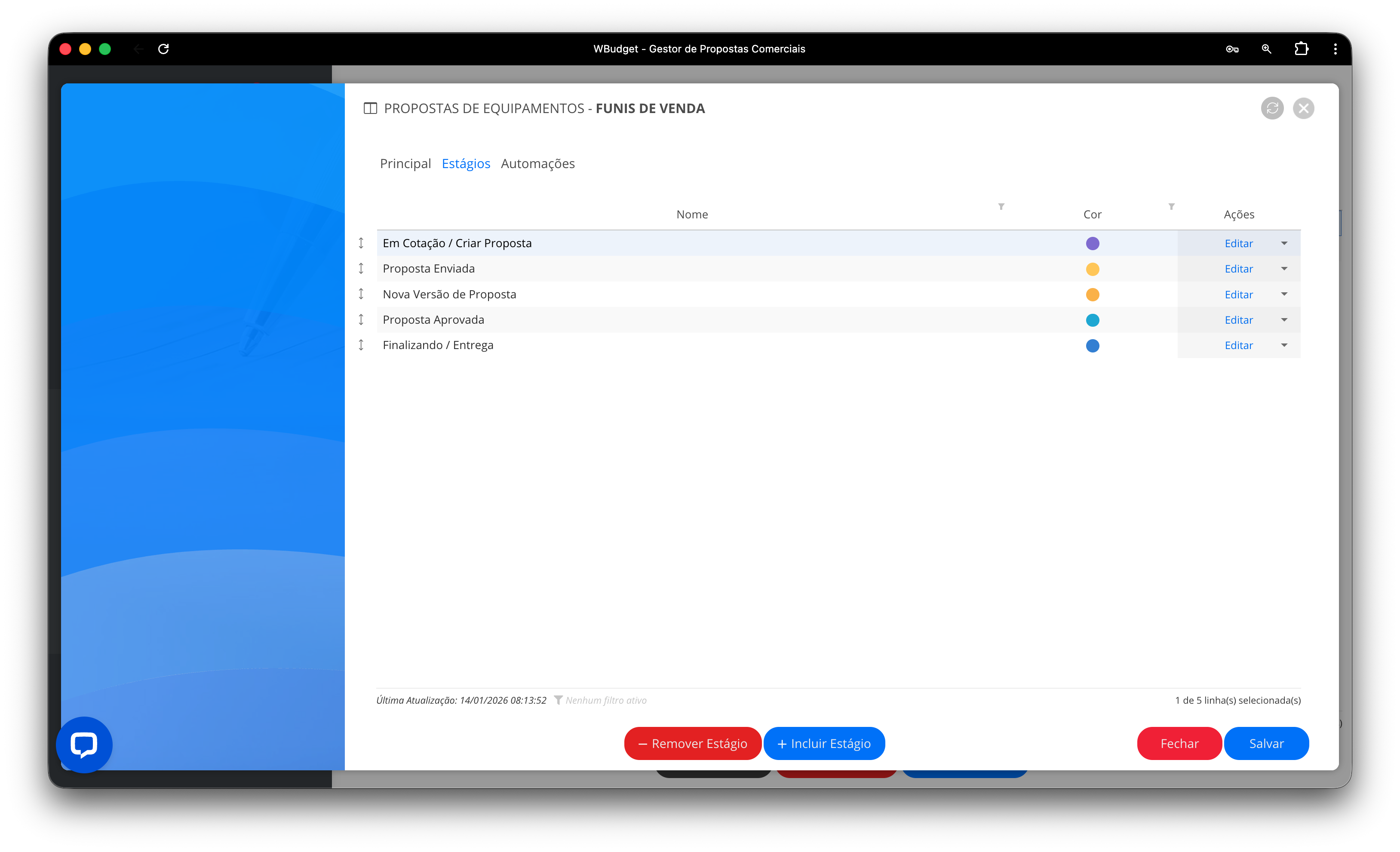 Lista de estágios do funil