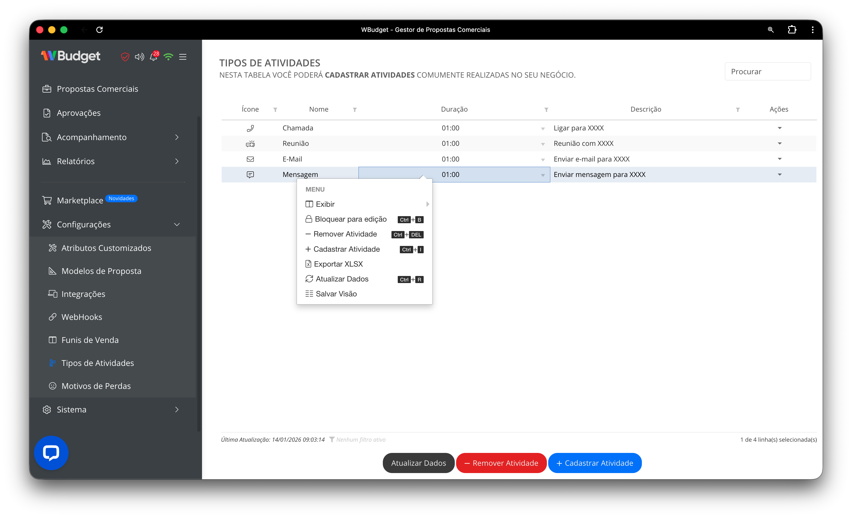 Tipos de atividades – visão geral