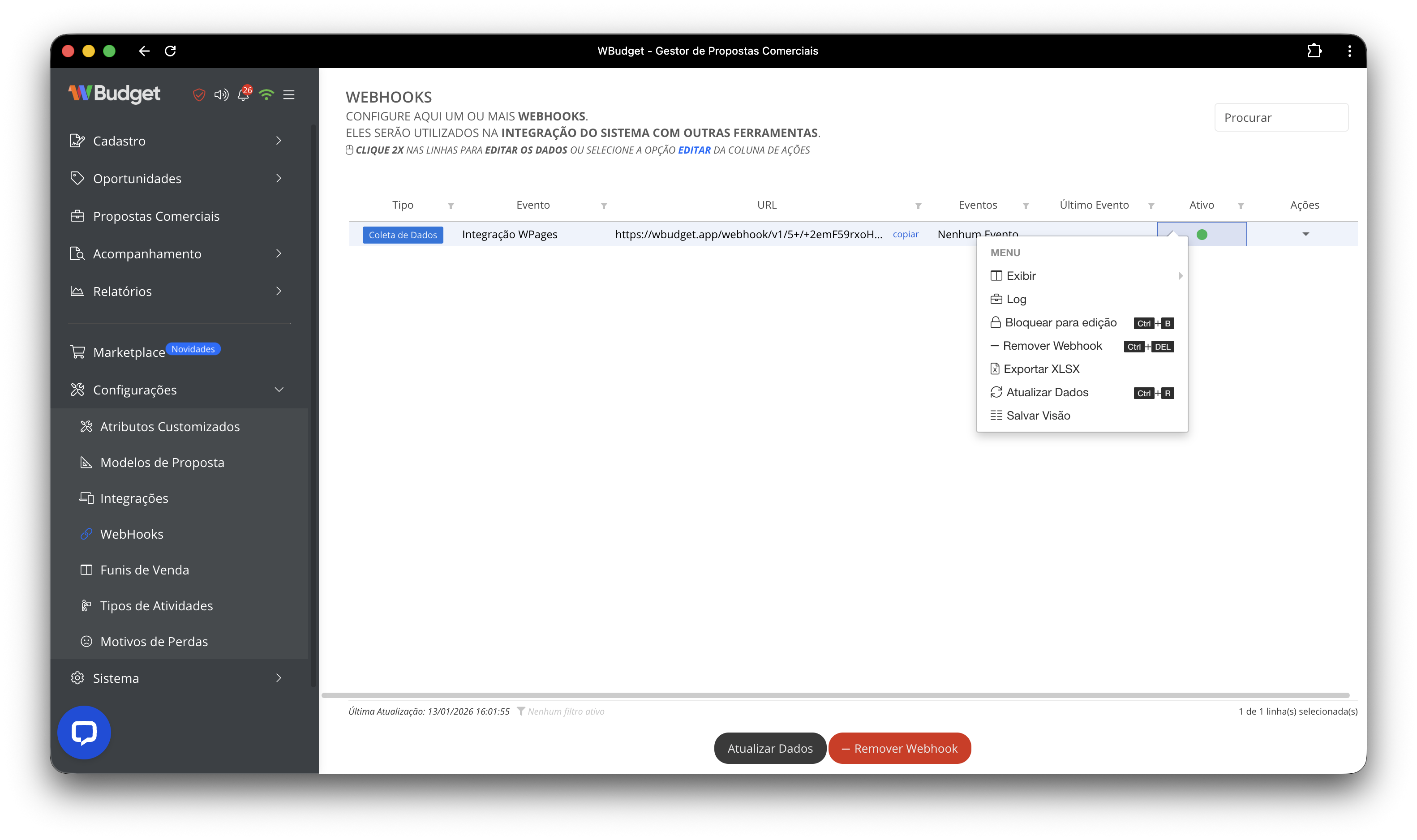 Lista de webhooks configurados