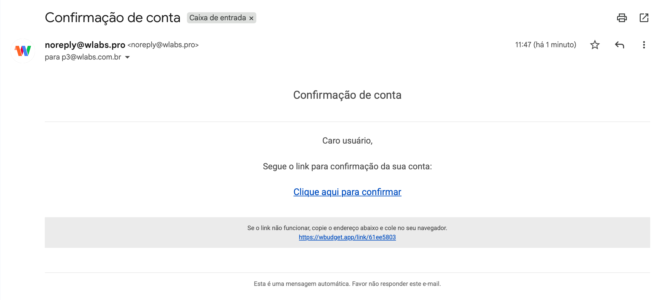 E-mail de confirmação