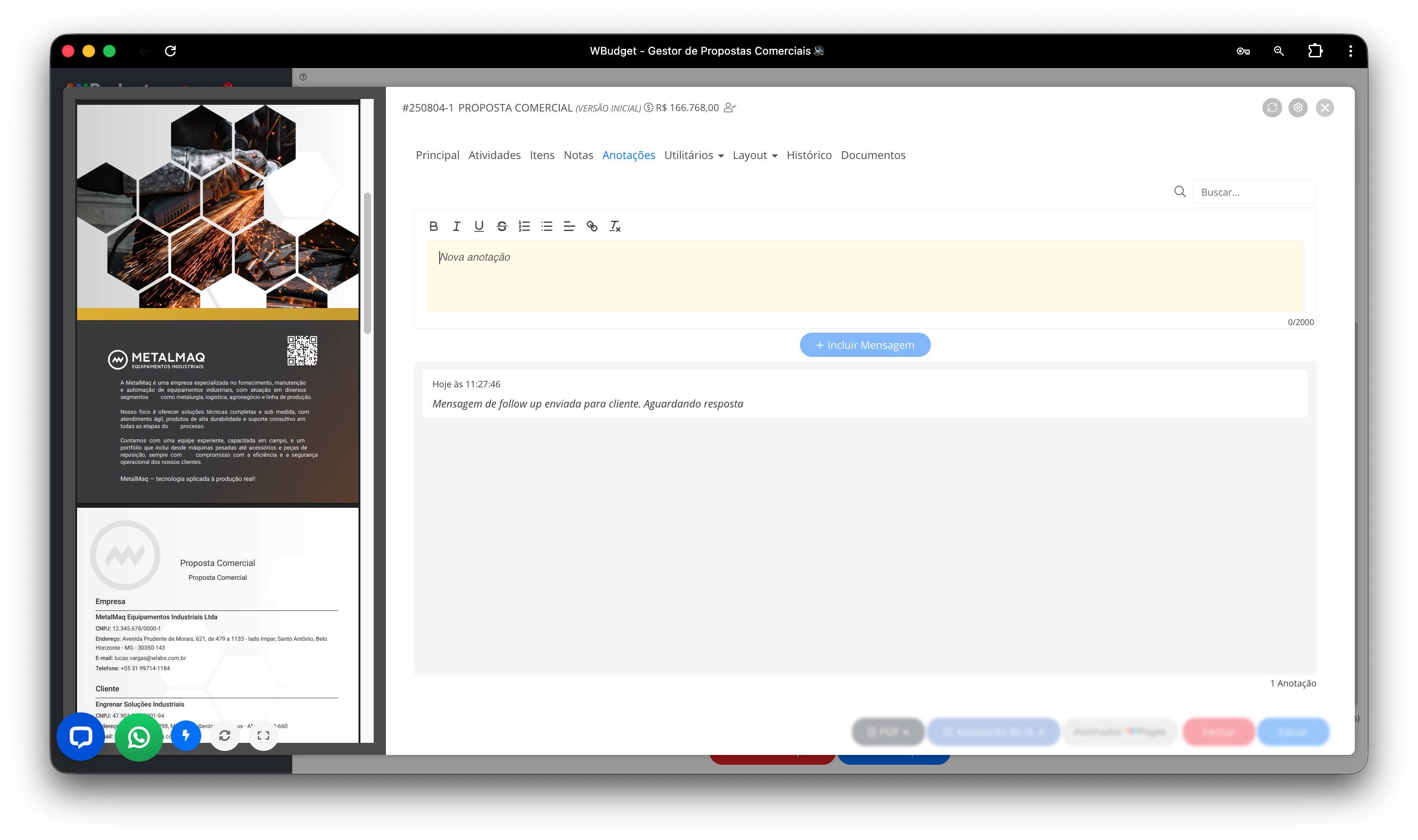 Aba Anotações do Editor de Propostas