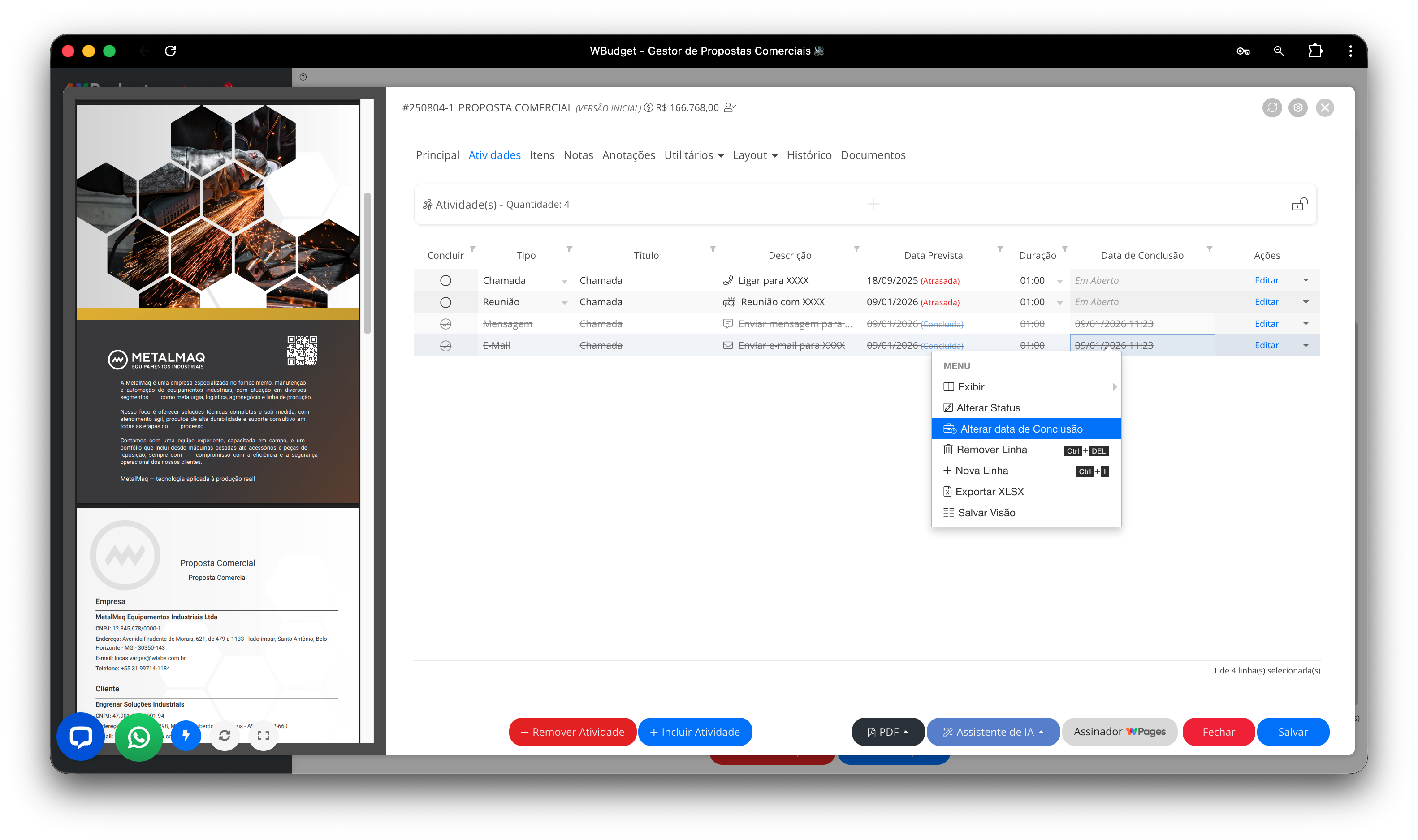 Aba Atividades do Editor de Propostas