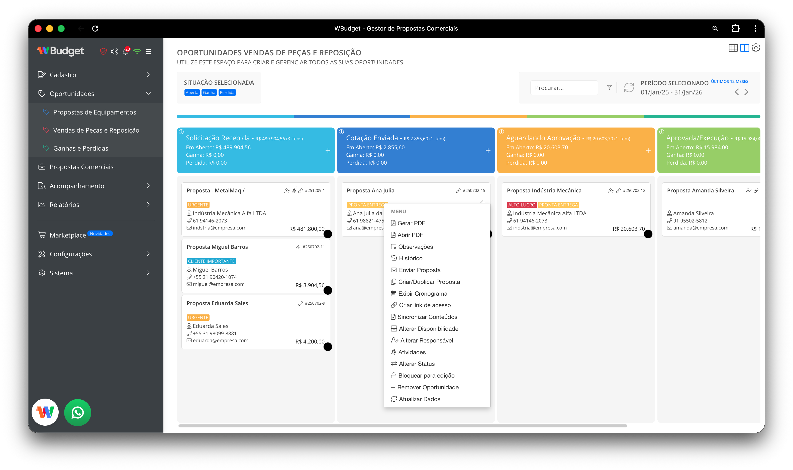 Menu contextual de uma oportunidade no Kanban