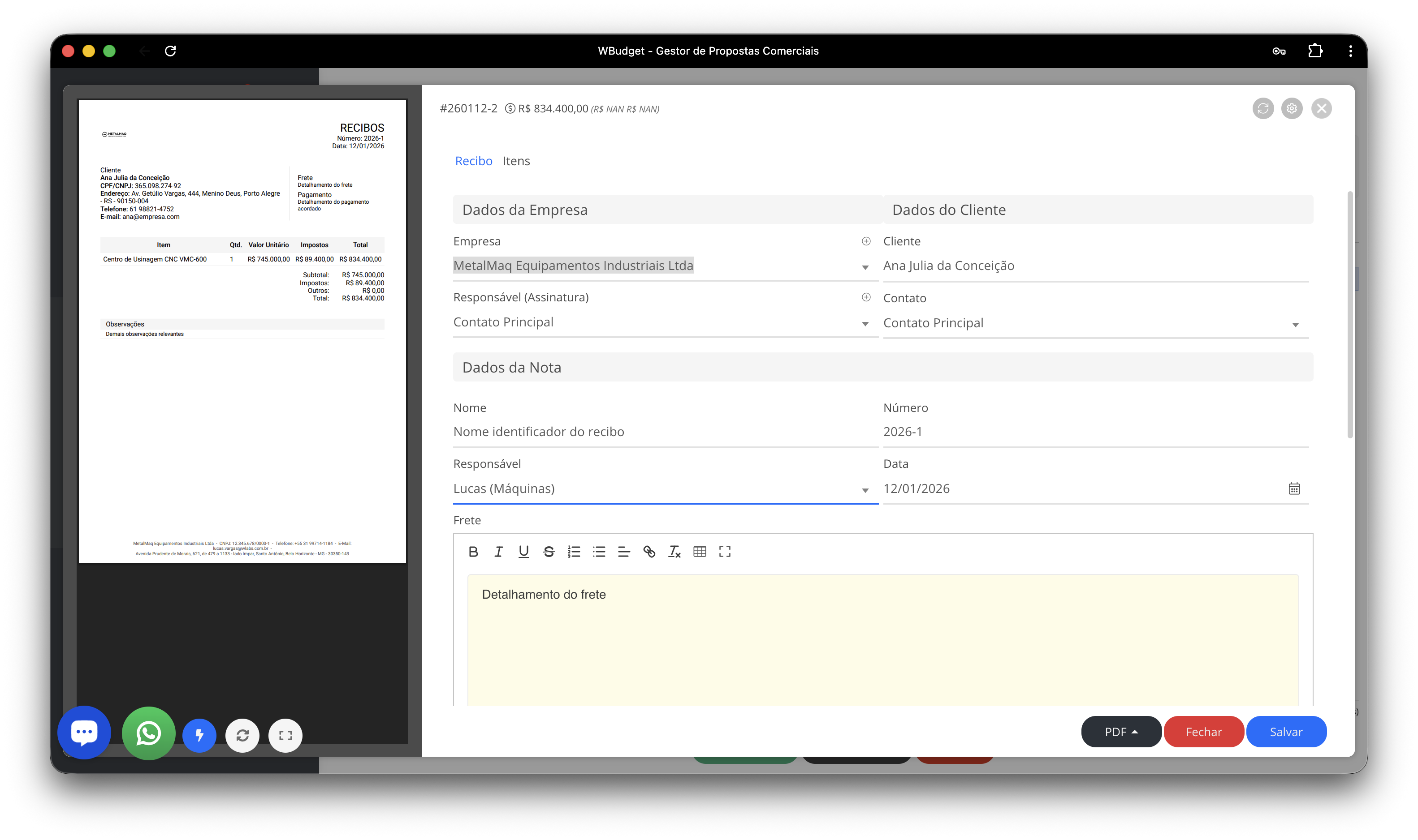 Criação e edição de recibo