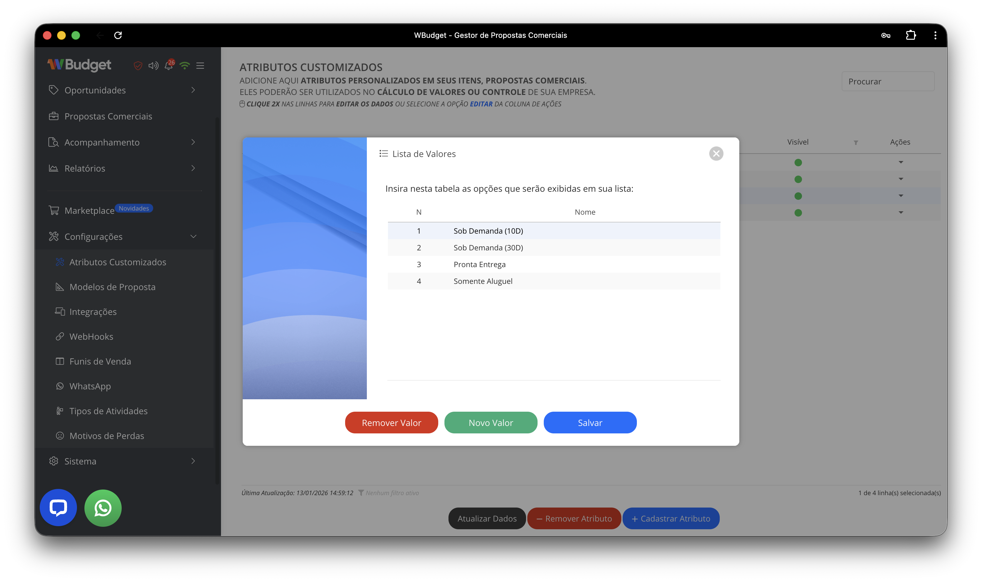 Configuração de lista de valores