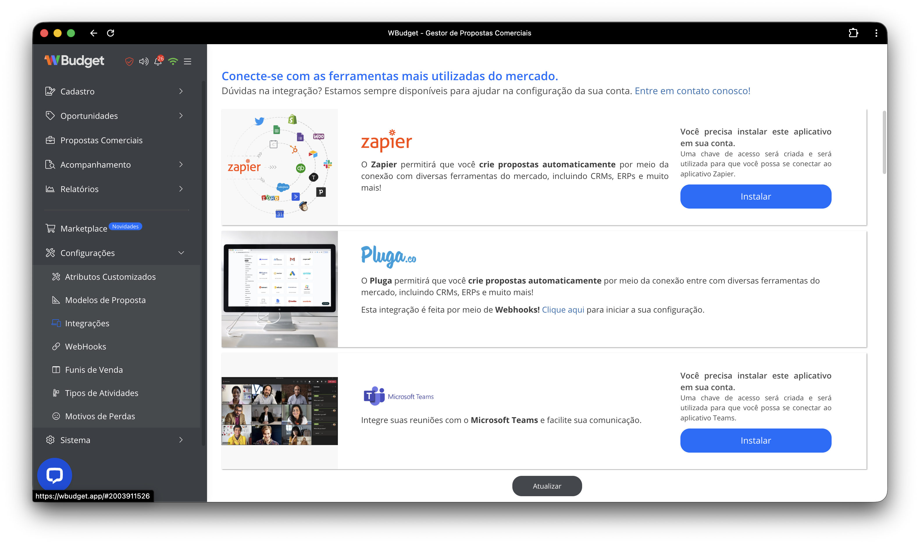 Painel de instalação de integrações