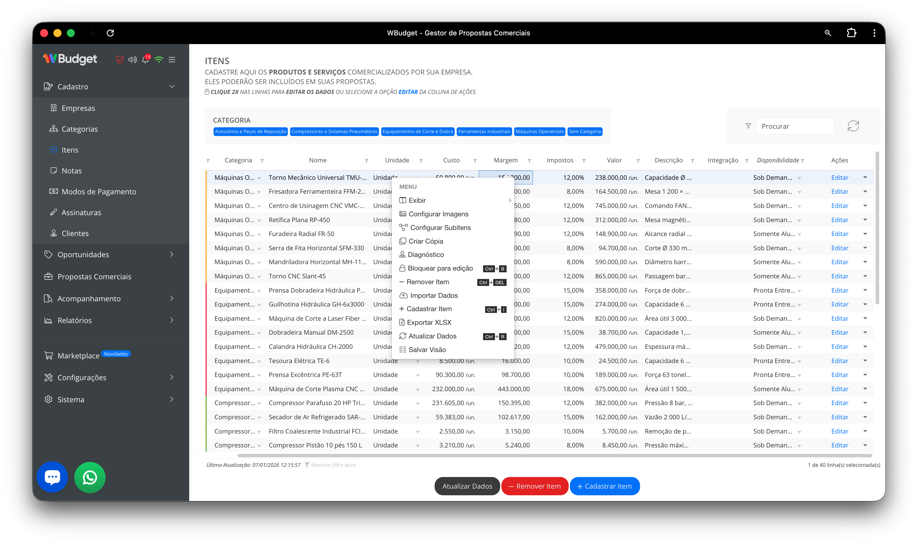 Menu contextual da tabela de itens