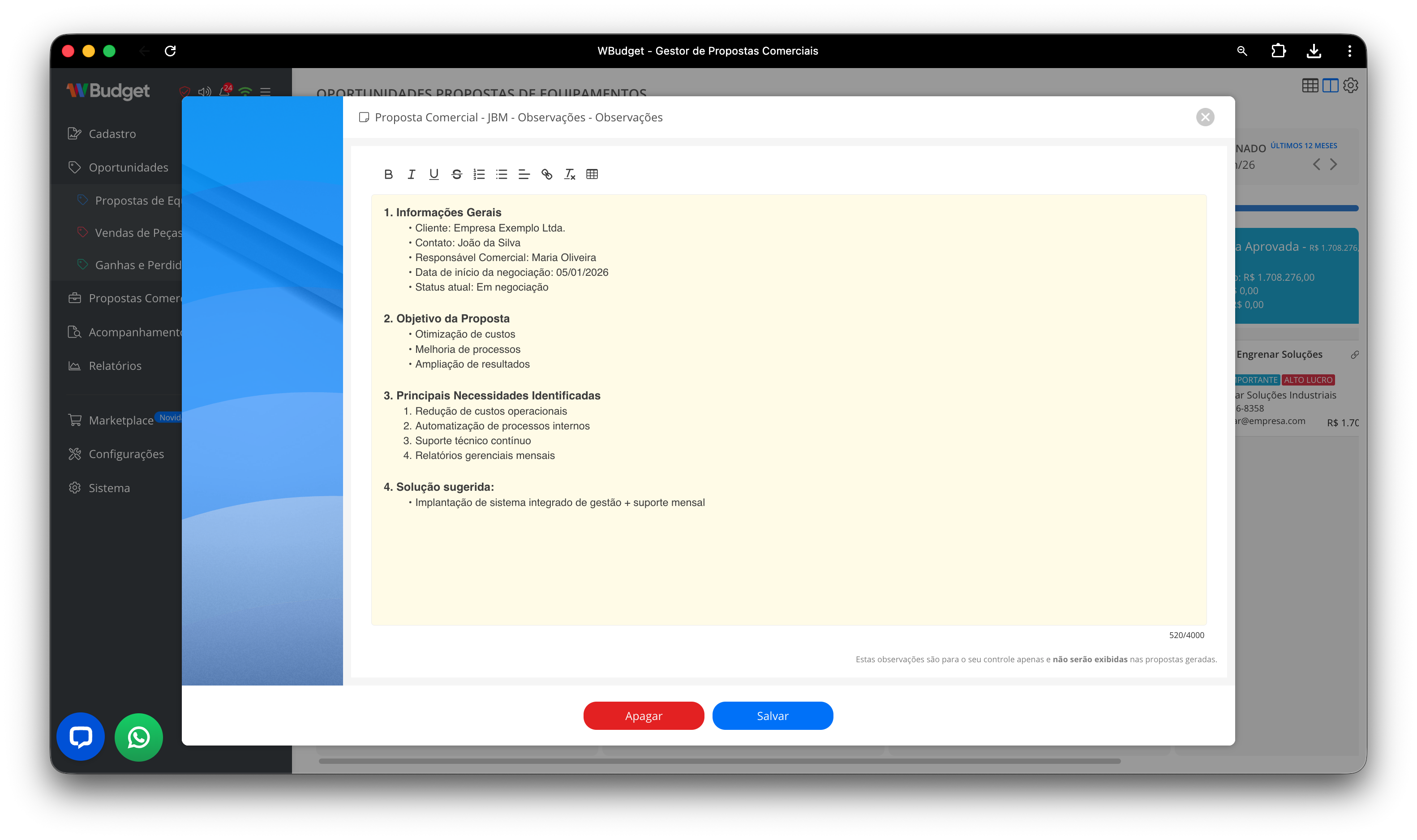 Campo de observações da proposta