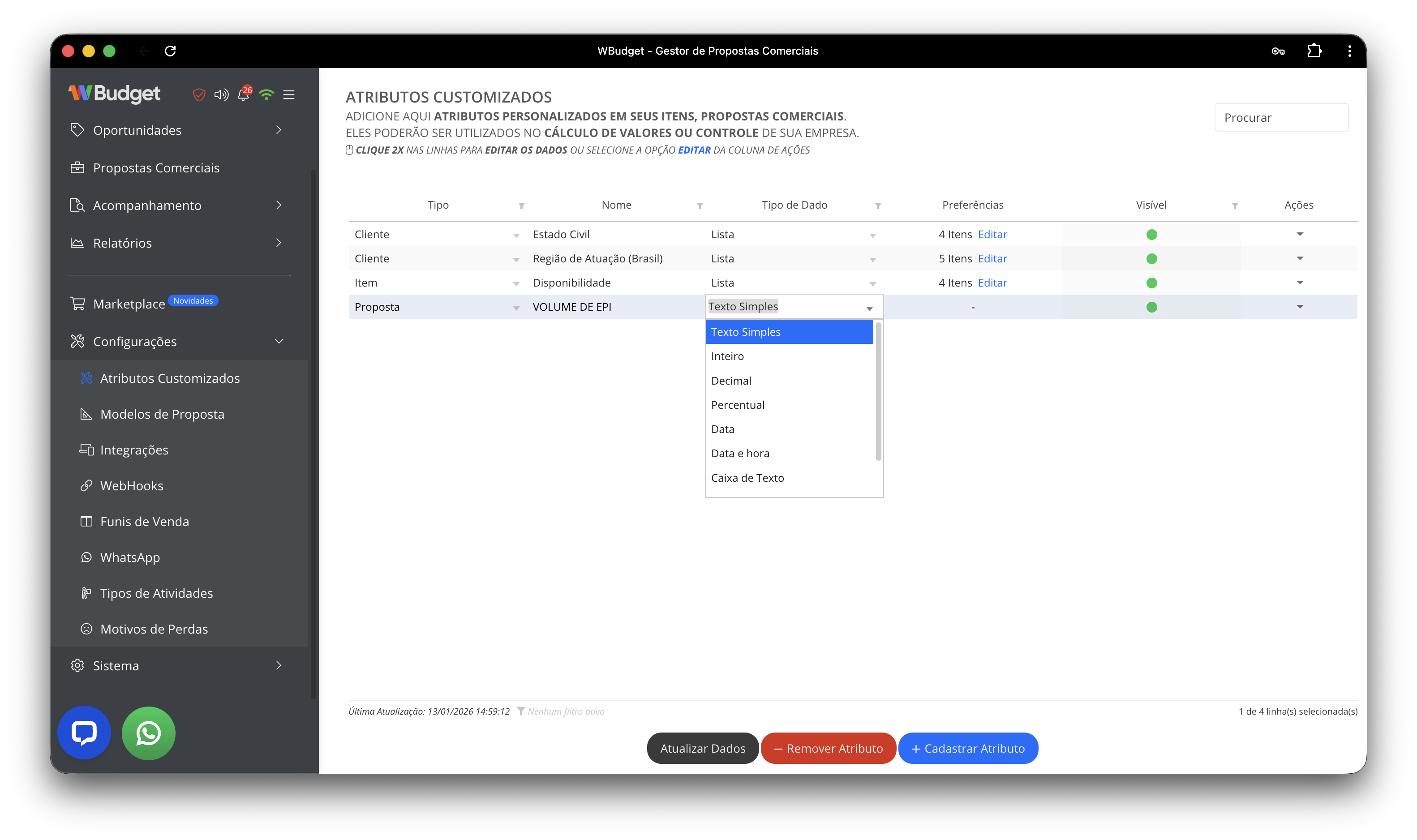 Tipos de dados disponíveis