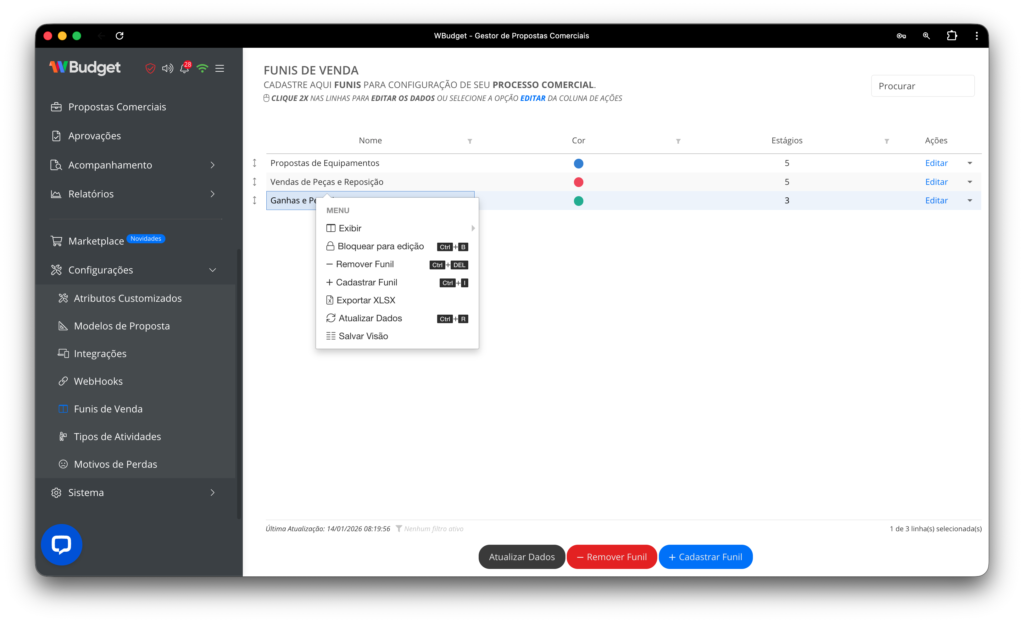 Menu de contexto dos funis