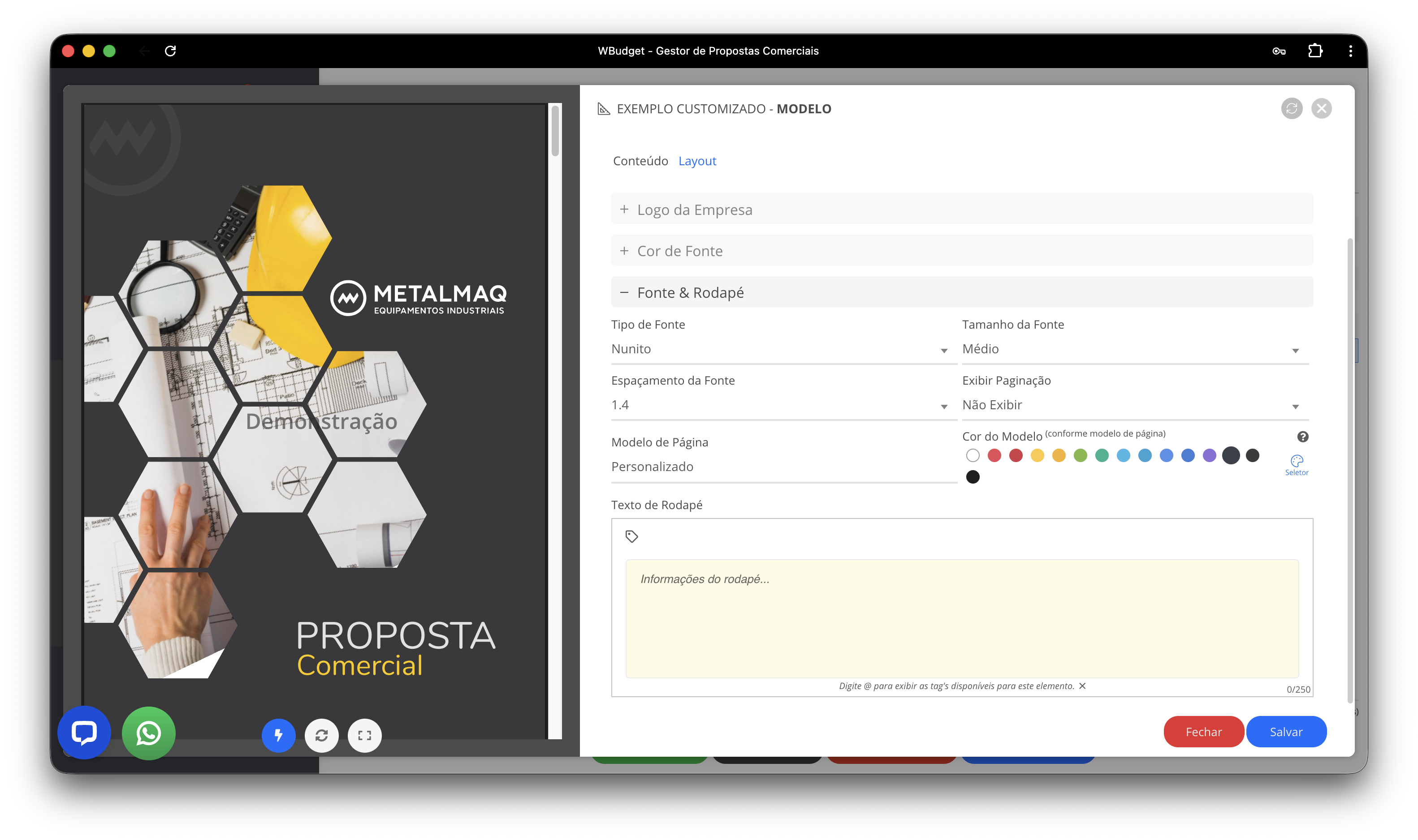 Layout do modelo – configurações gerais