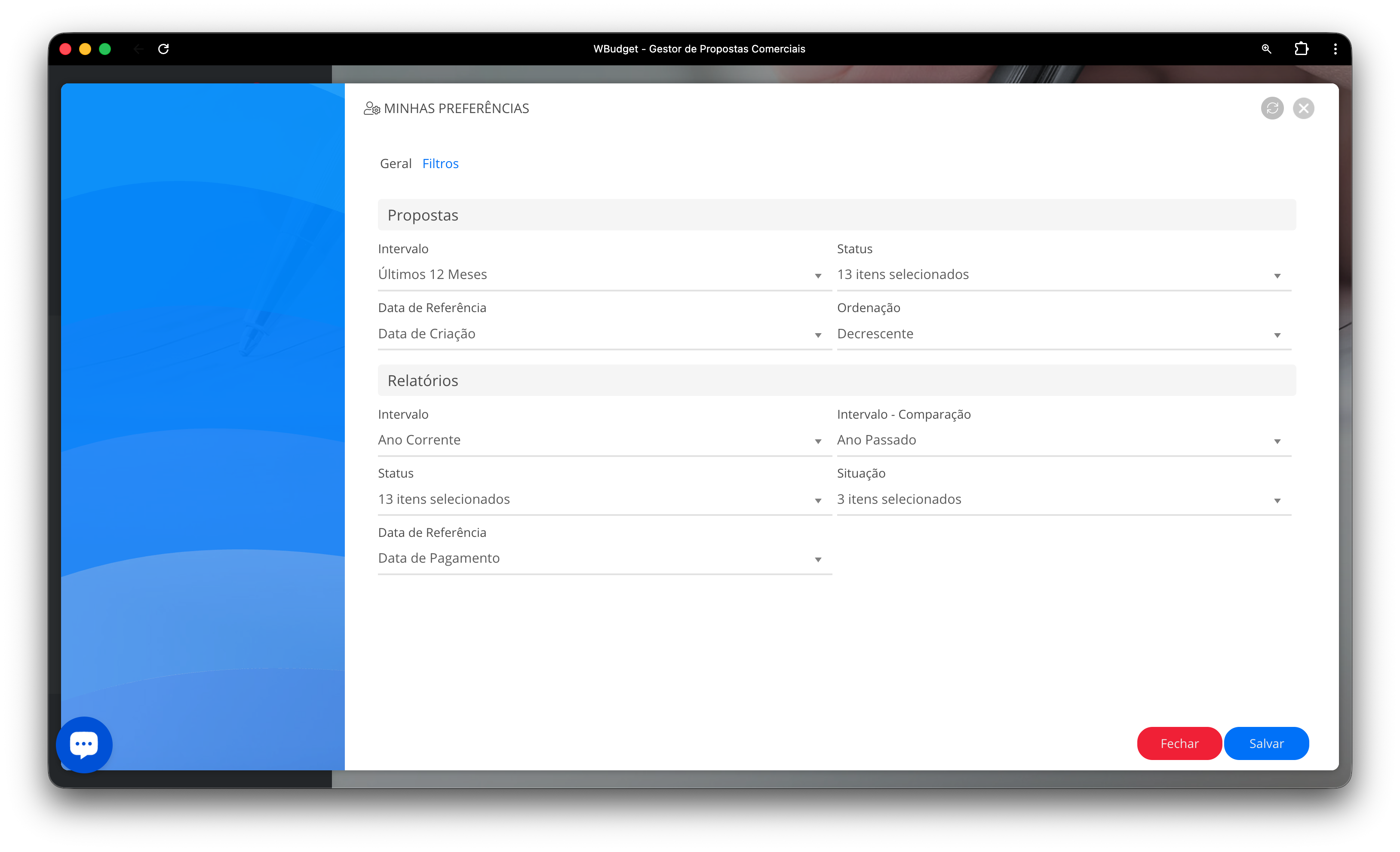 Preferências – Aba Filtros
